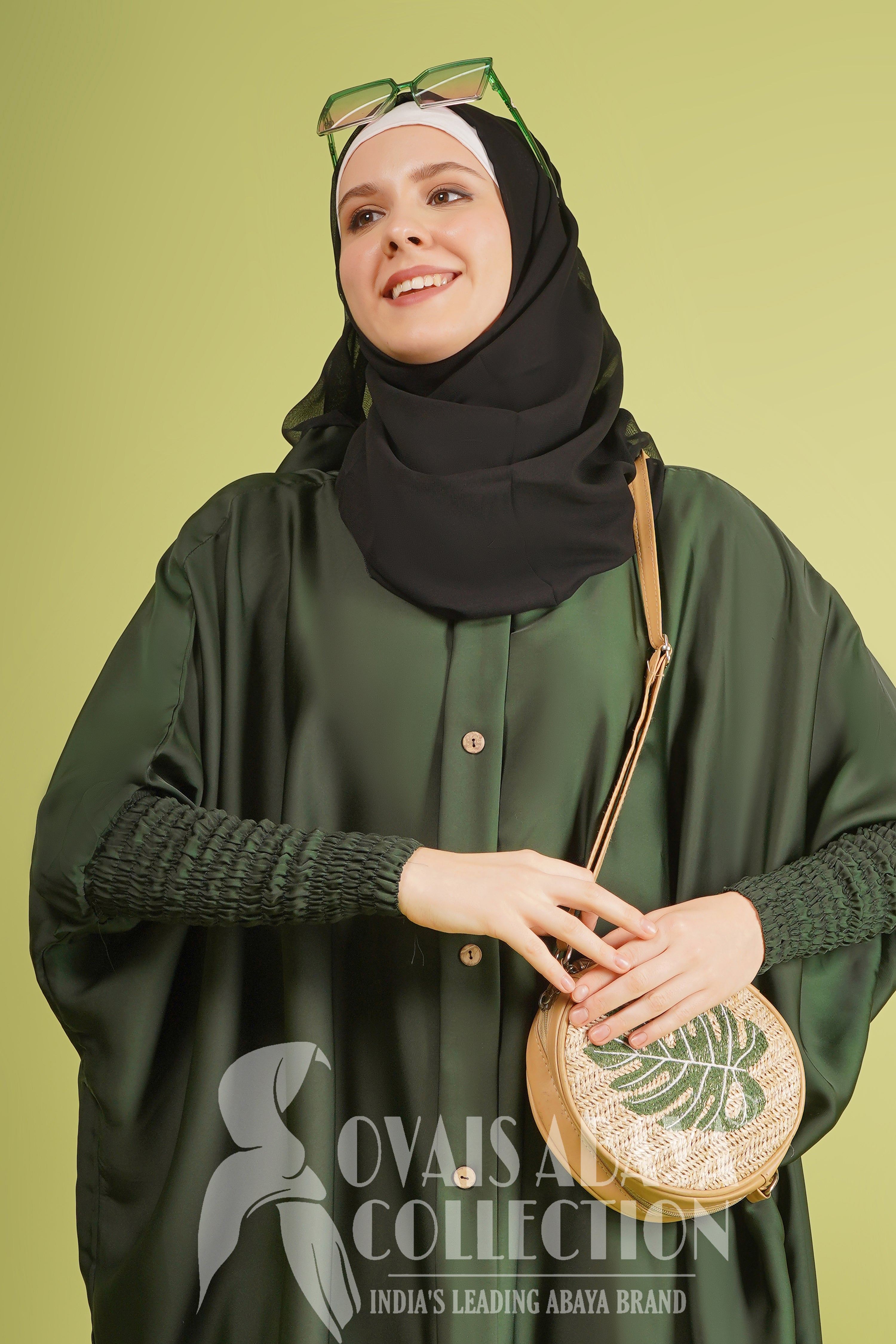 Shaziya puff Sleeves Button Kaftan Abaya - GREEN ( New Launch )