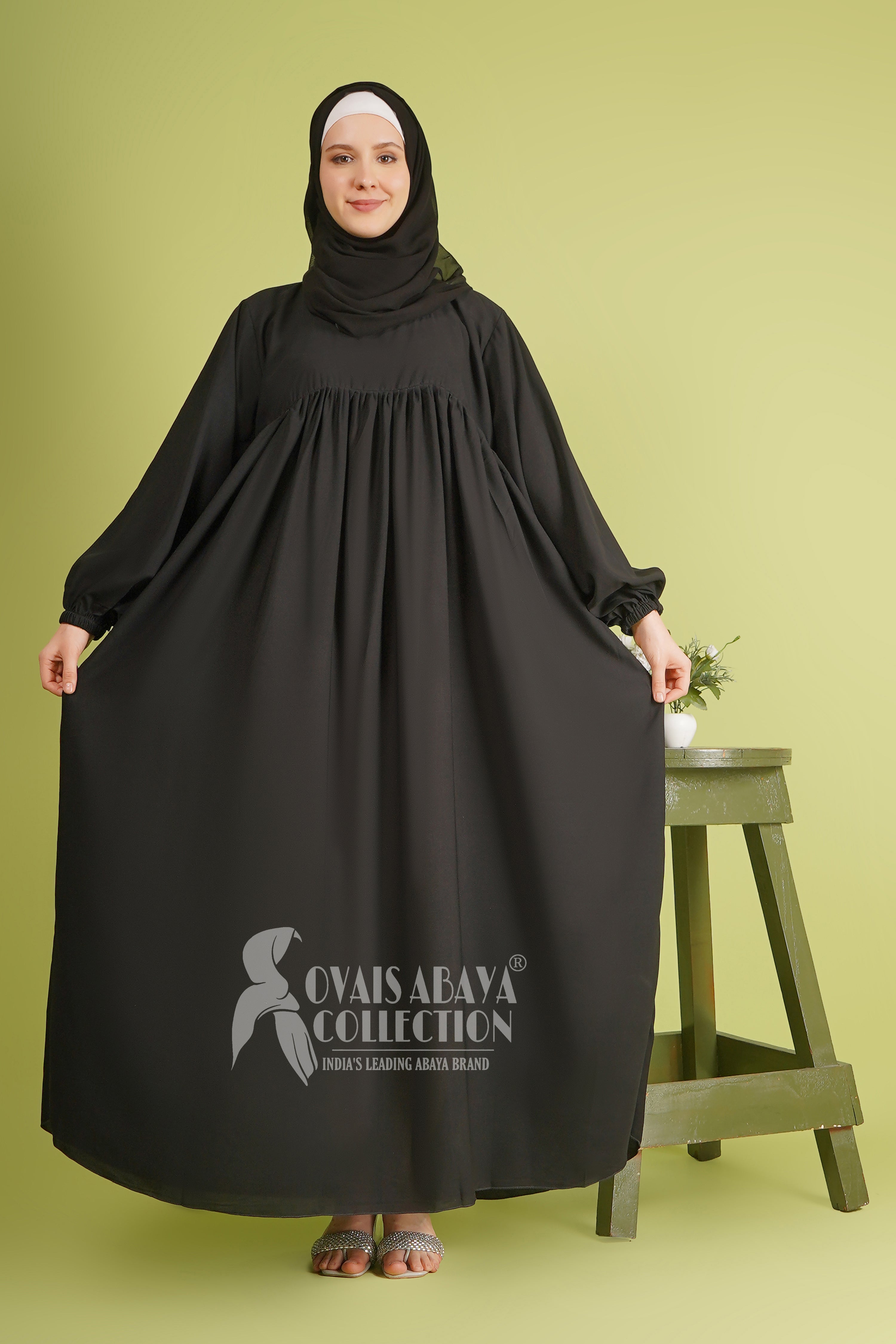 Maryam Pleated Balloon Sleeve Abaya BLACK ( New Launch )