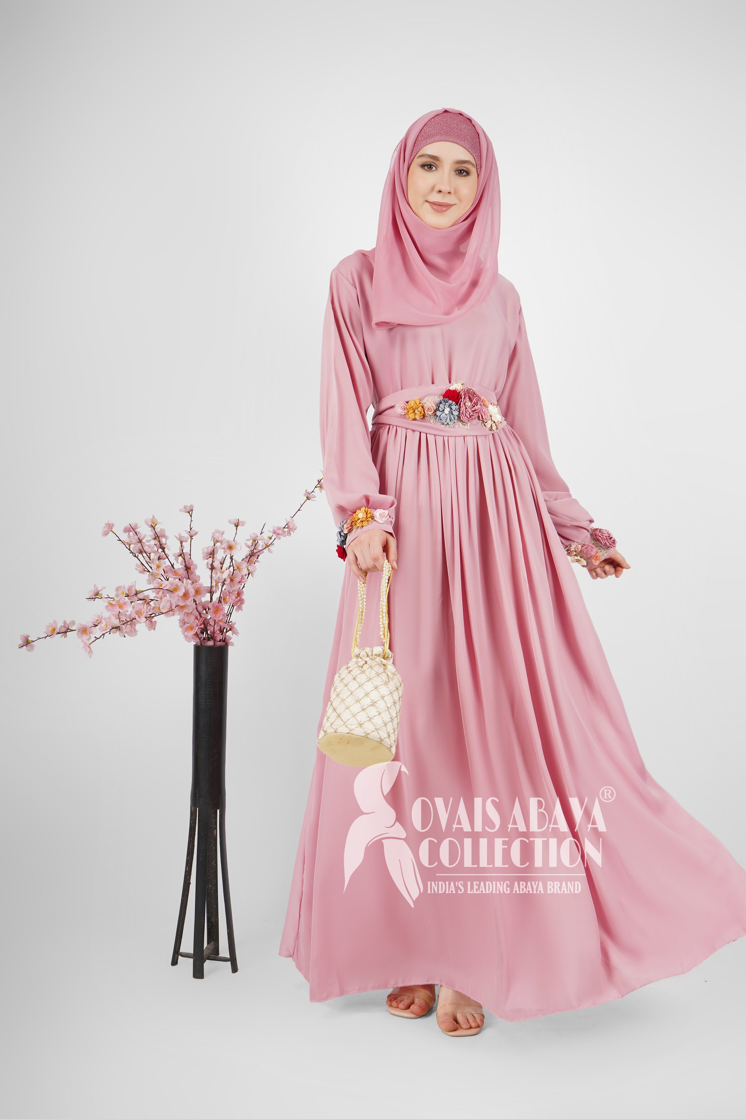 Alaya Imported Broach Plates work Abaya ( PINK )