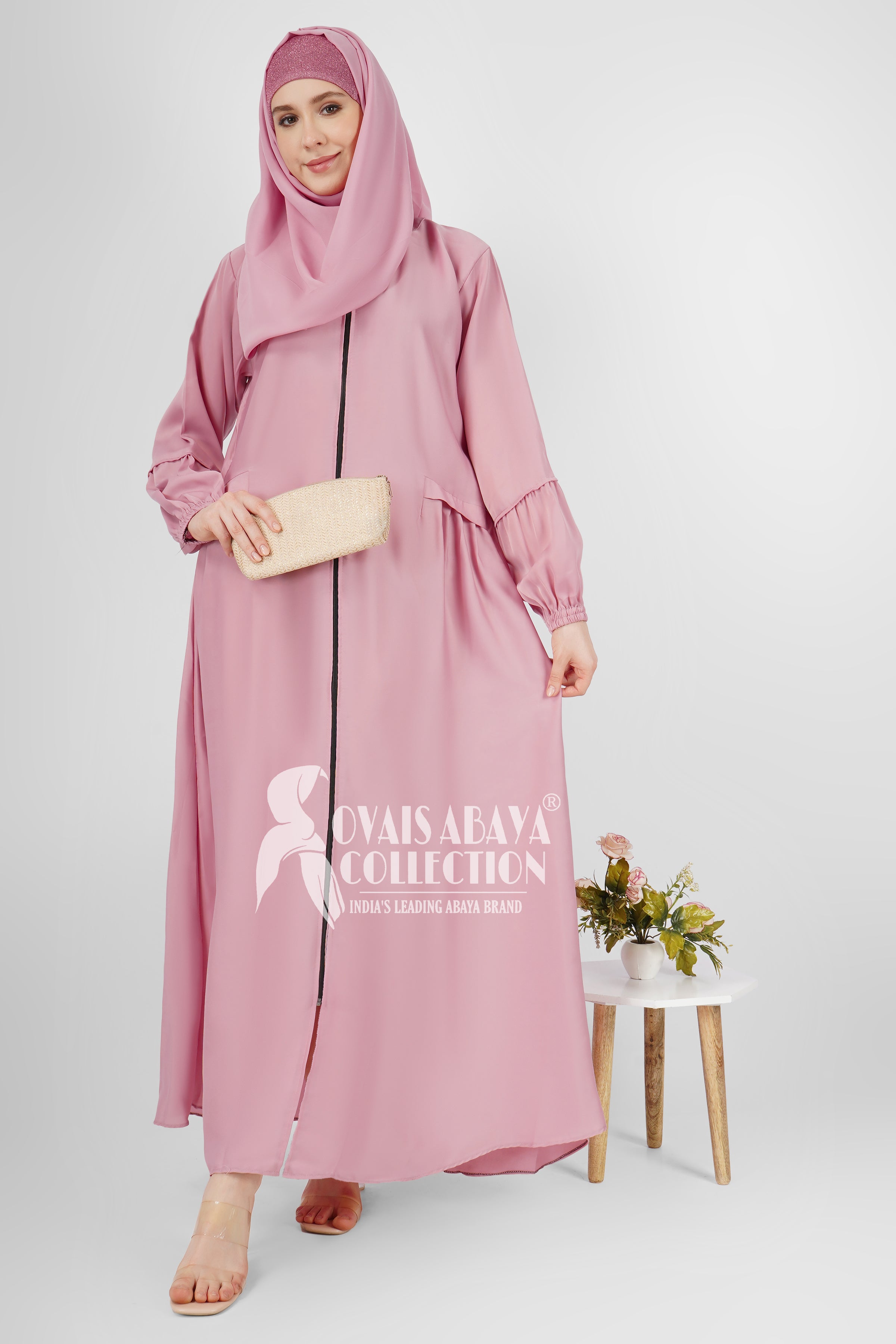 Ayrah Beautiful Side Plates Zipper Abaya LITE PINK ( RAMADAN LAUNCH )