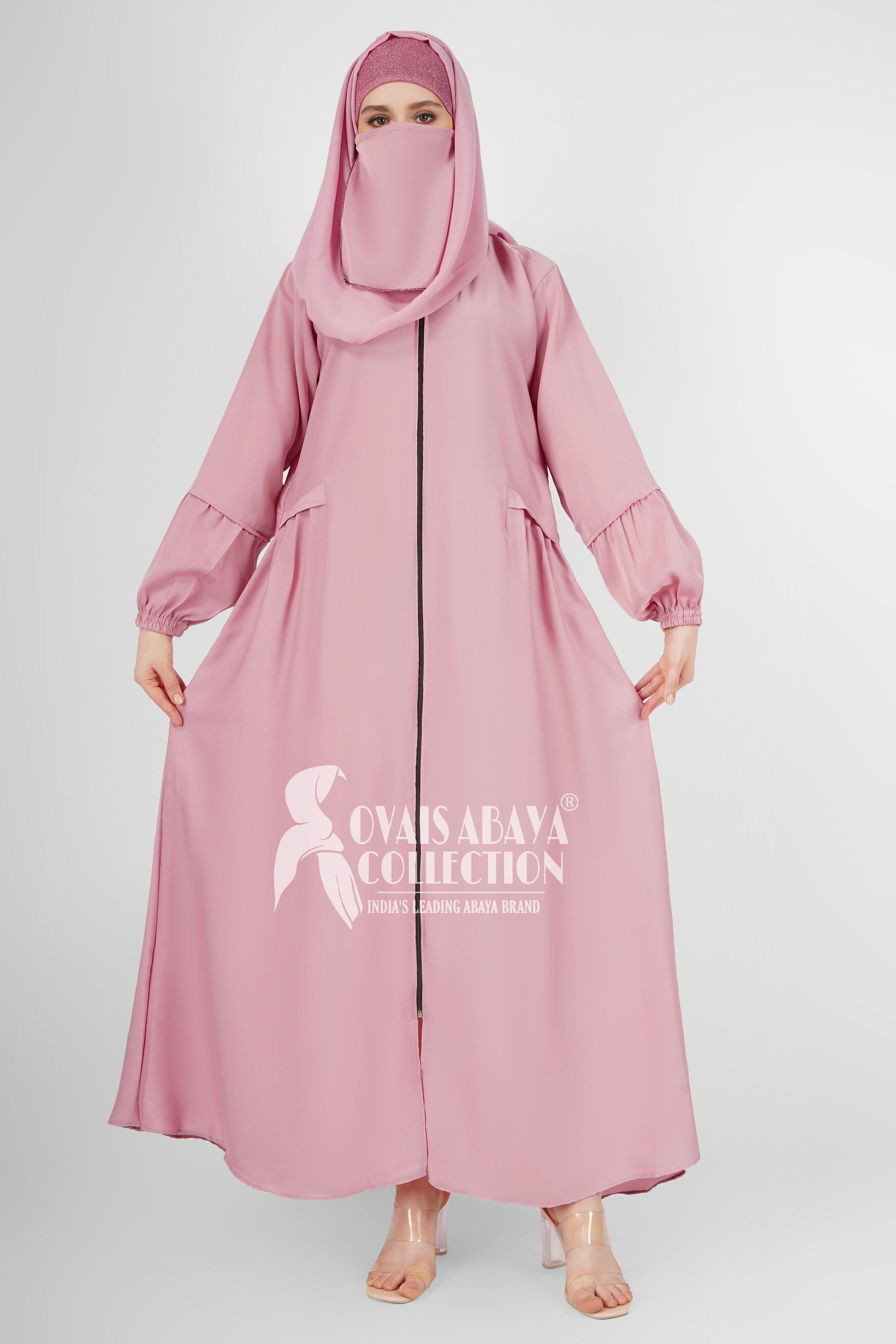 Ayrah Beautiful Side Plates Zipper Abaya LITE PINK ( RAMADAN LAUNCH )