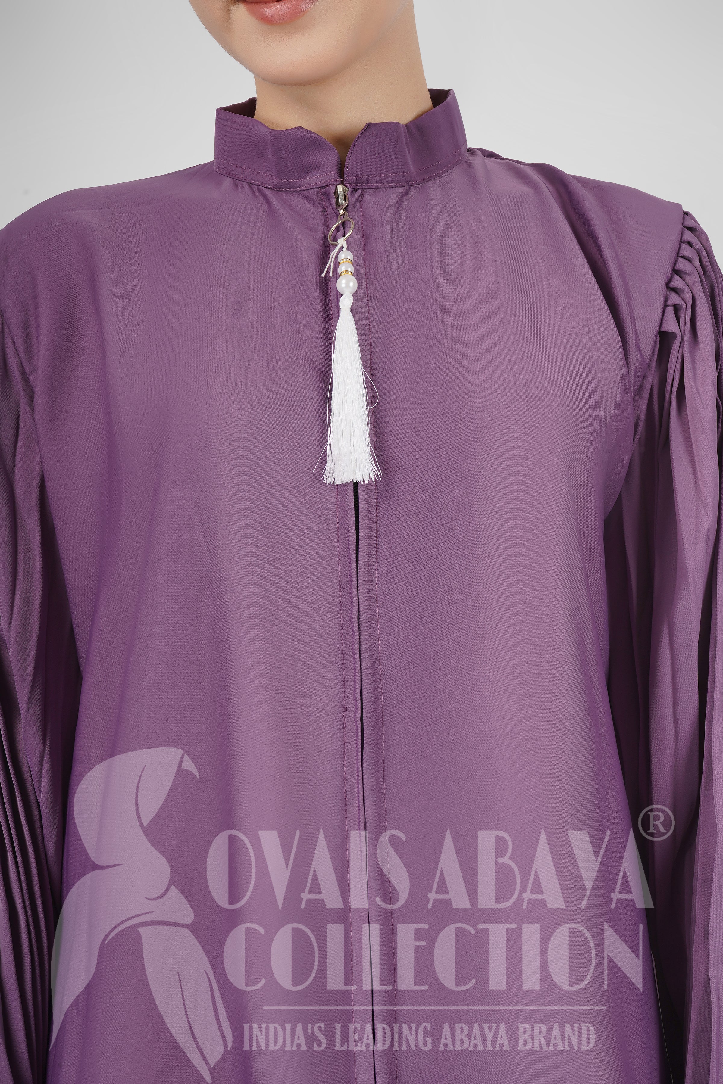 Imported Iram Zipper Abaya With Zebra plated Cuffed Sleeve ( LAVENDER )