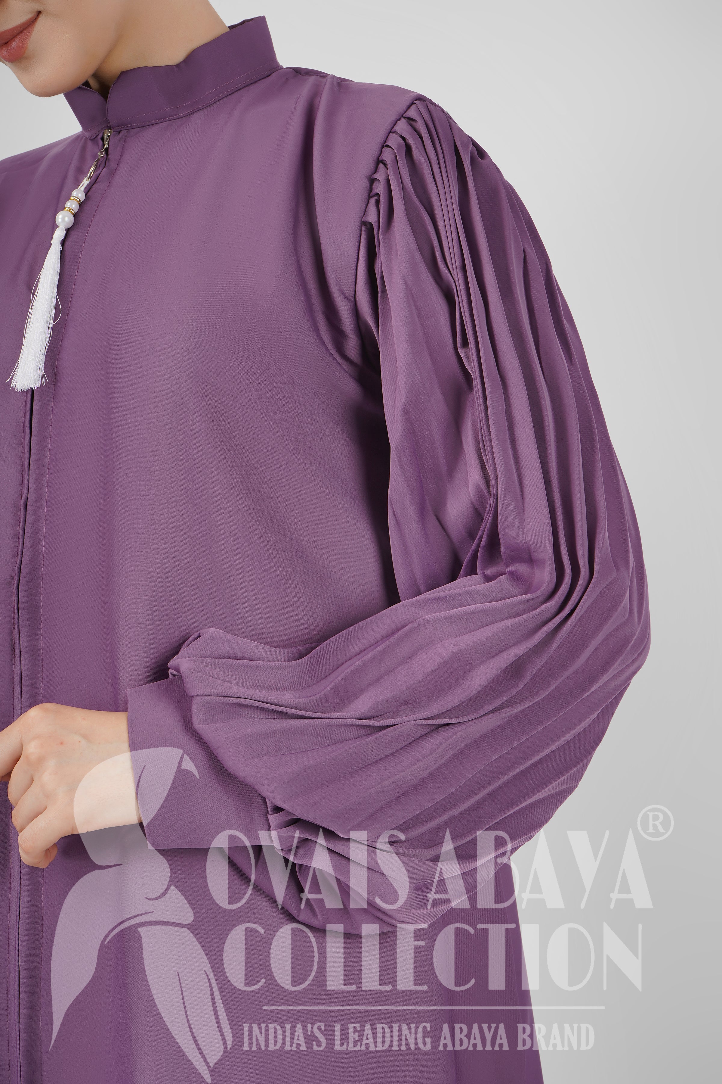 Imported Iram Zipper Abaya With Zebra plated Cuffed Sleeve ( LAVENDER )