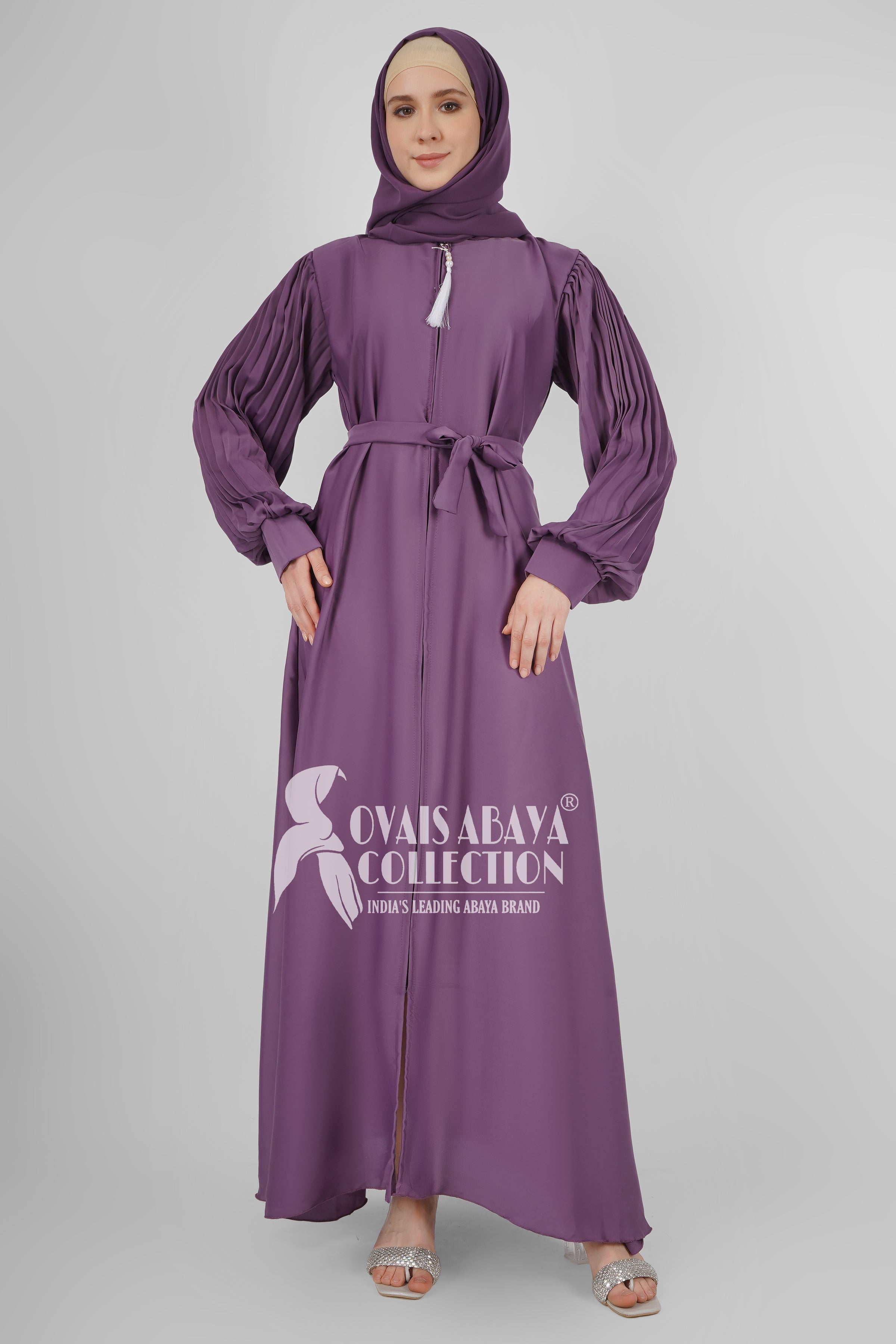 Imported Iram Zipper Abaya With Zebra plated Cuffed Sleeve ( LAVENDER )