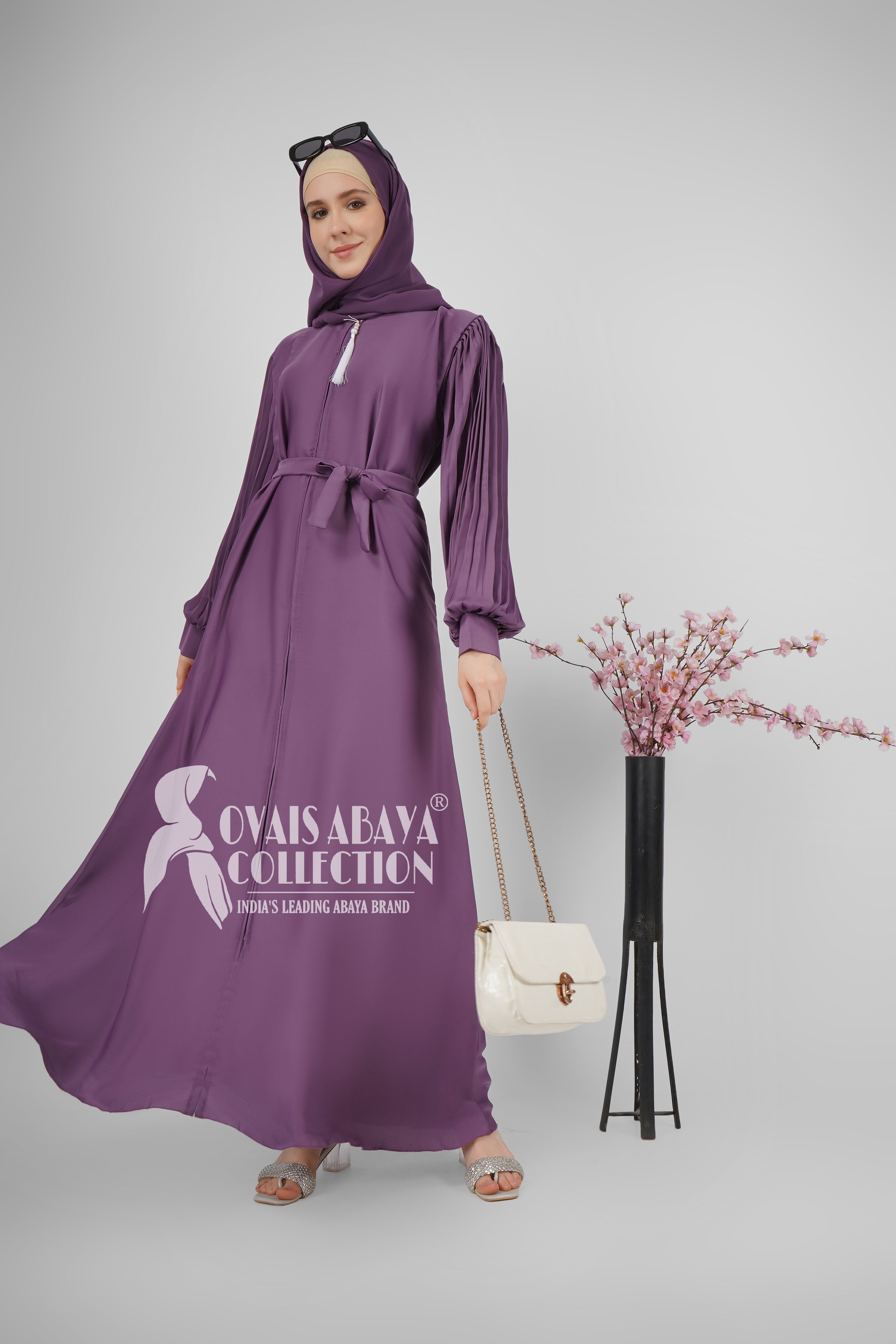 Imported Iram Zipper Abaya With Zebra plated Cuffed Sleeve ( LAVENDER )