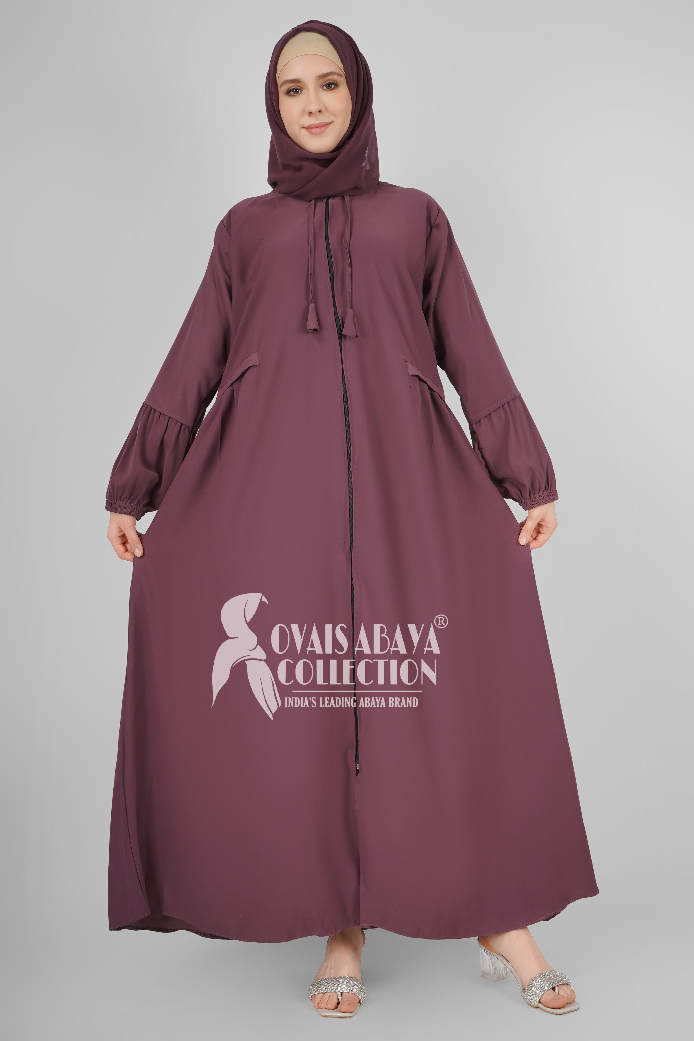 Ayrah Beautiful Side Plates Zipper Abaya BURGUNDY ( RAMADAN LAUNCH )