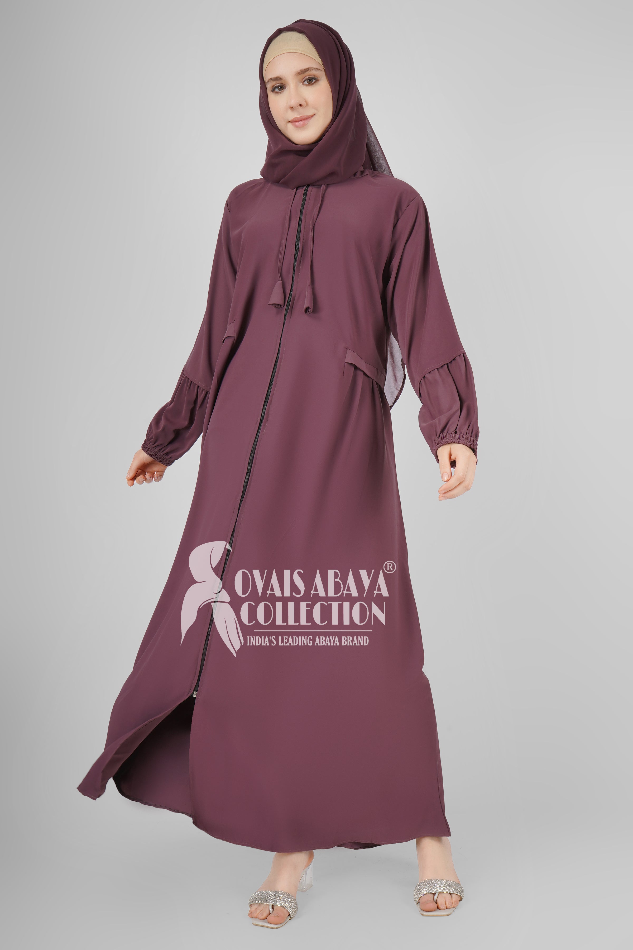 Ayrah Beautiful Side Plates Zipper Abaya BURGUNDY ( RAMADAN LAUNCH )