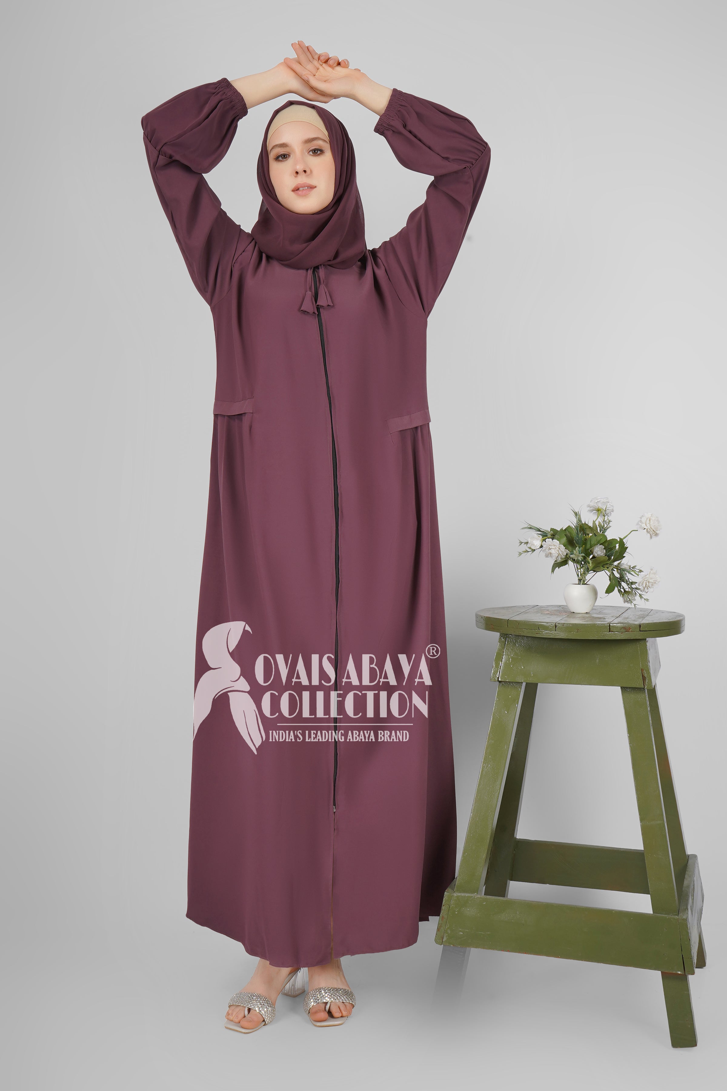 Ayrah Beautiful Side Plates Zipper Abaya BURGUNDY ( RAMADAN LAUNCH )