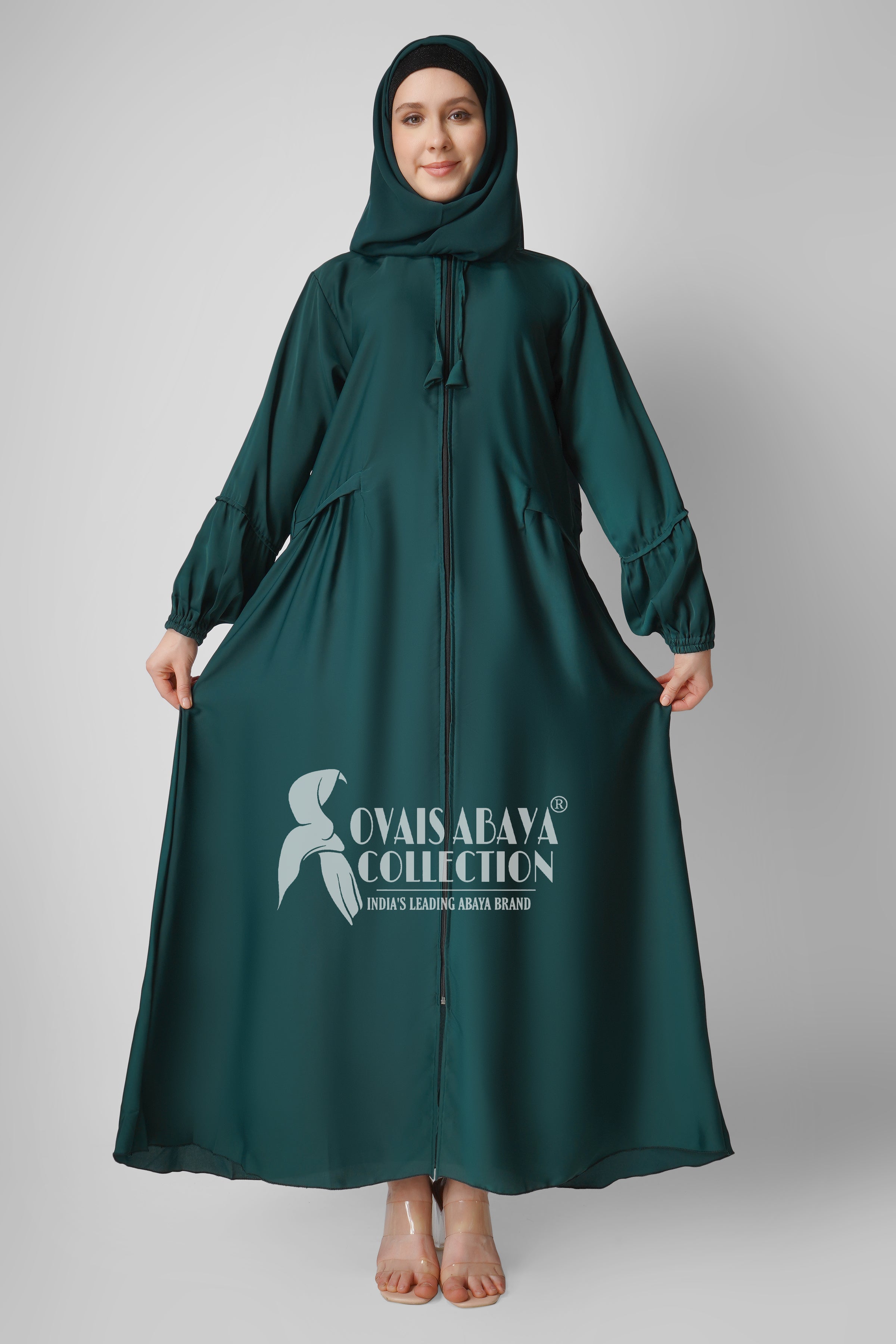 Ayrah Beautiful Side Plates Zipper Abaya RAMA GREEN ( RAMADAN LAUNCH )