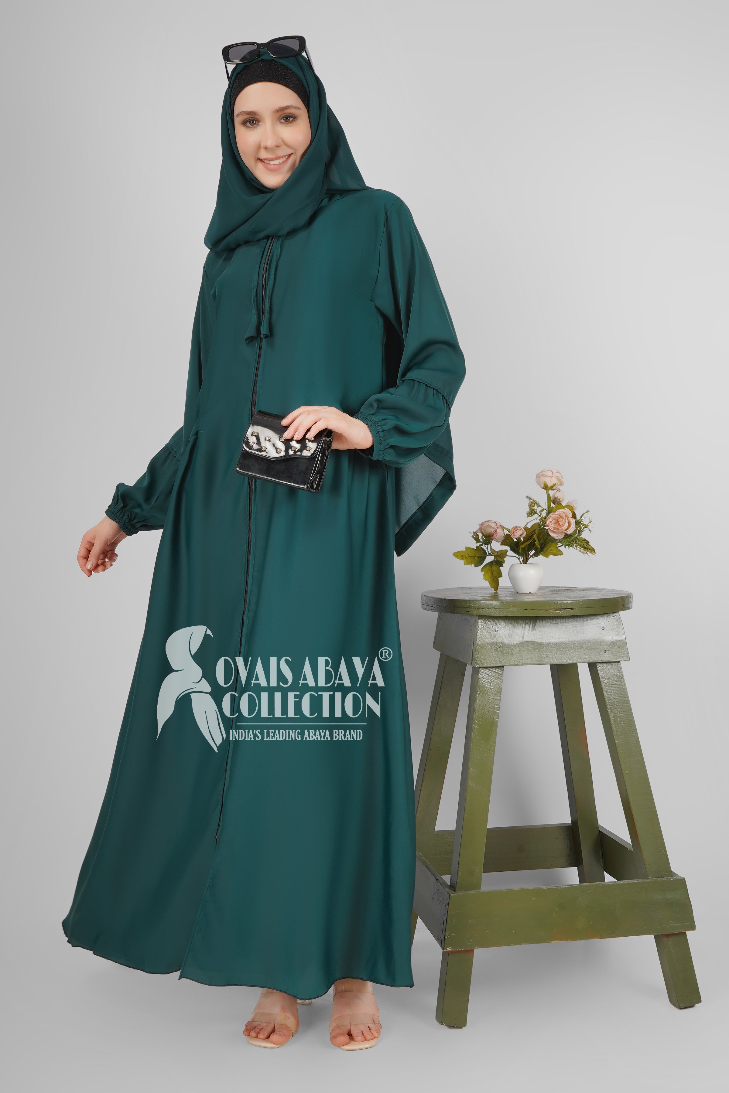 Ayrah Beautiful Side Plates Zipper Abaya RAMA GREEN ( RAMADAN LAUNCH )