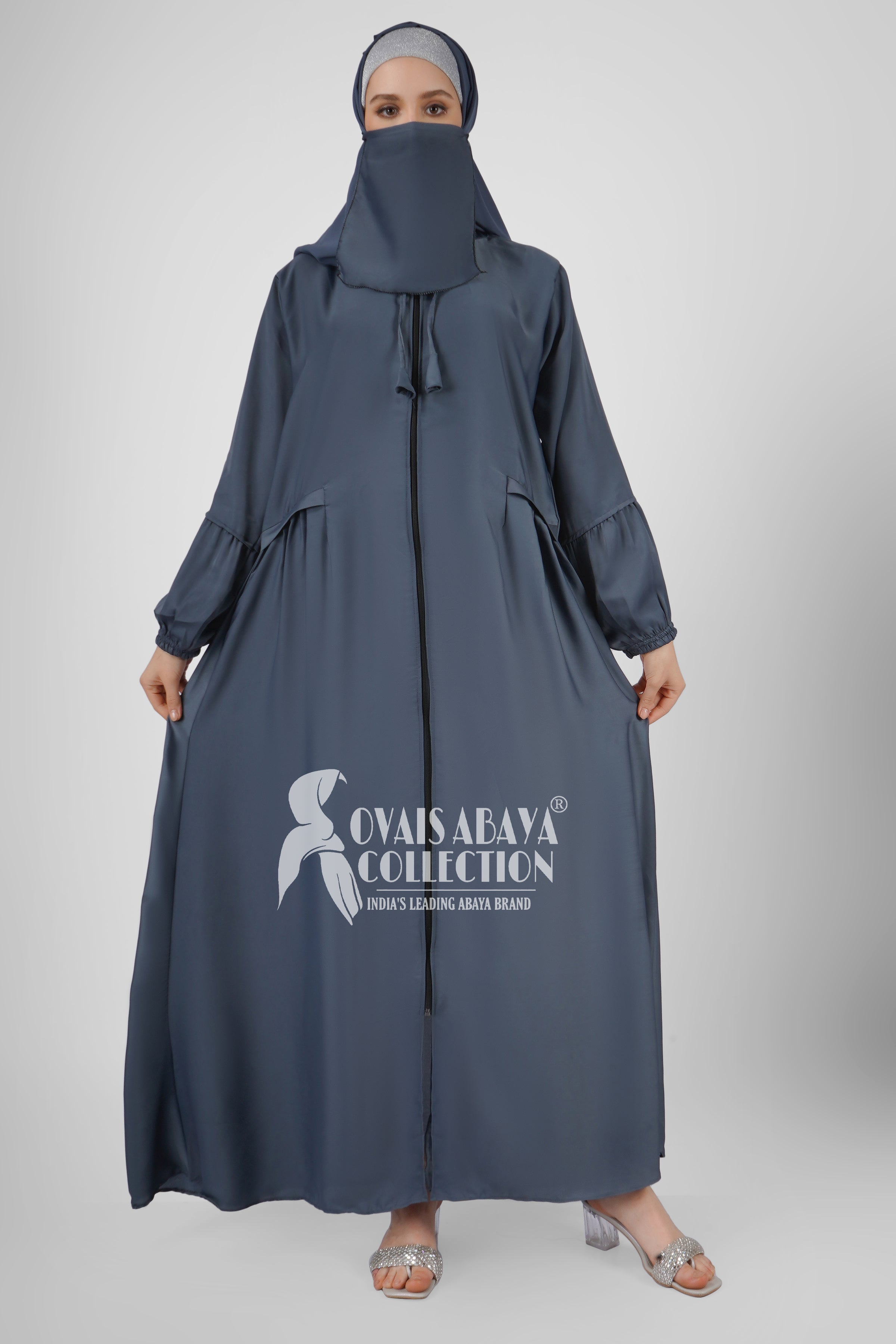 Ayrah Beautiful Side Plates Zipper Abaya GRAY ( RAMADAN LAUNCH )