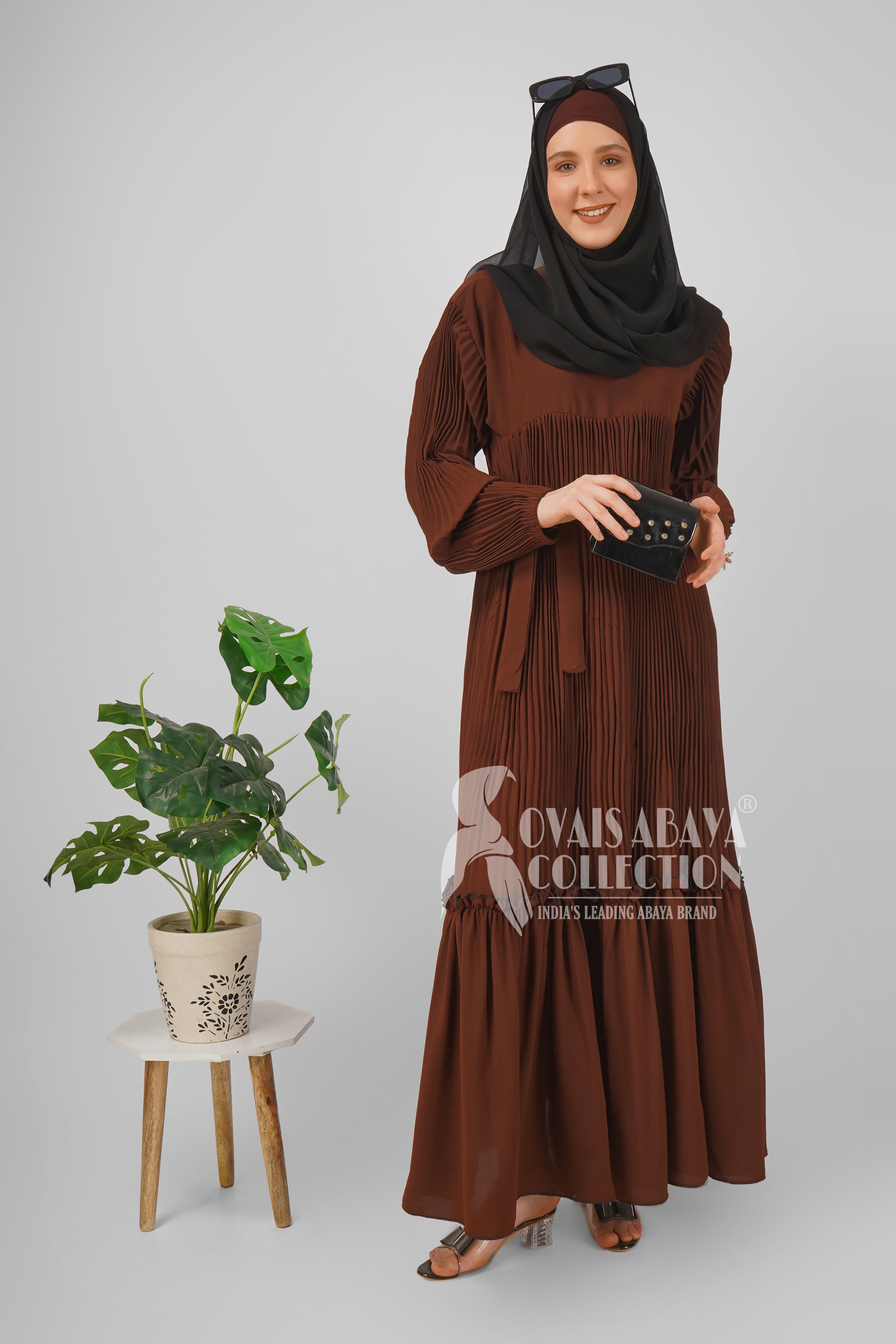 RIDA Beautiful Frill Plates work Abaya - DARK BROWN ( HIGHLY CUSTOMER DEMAND )