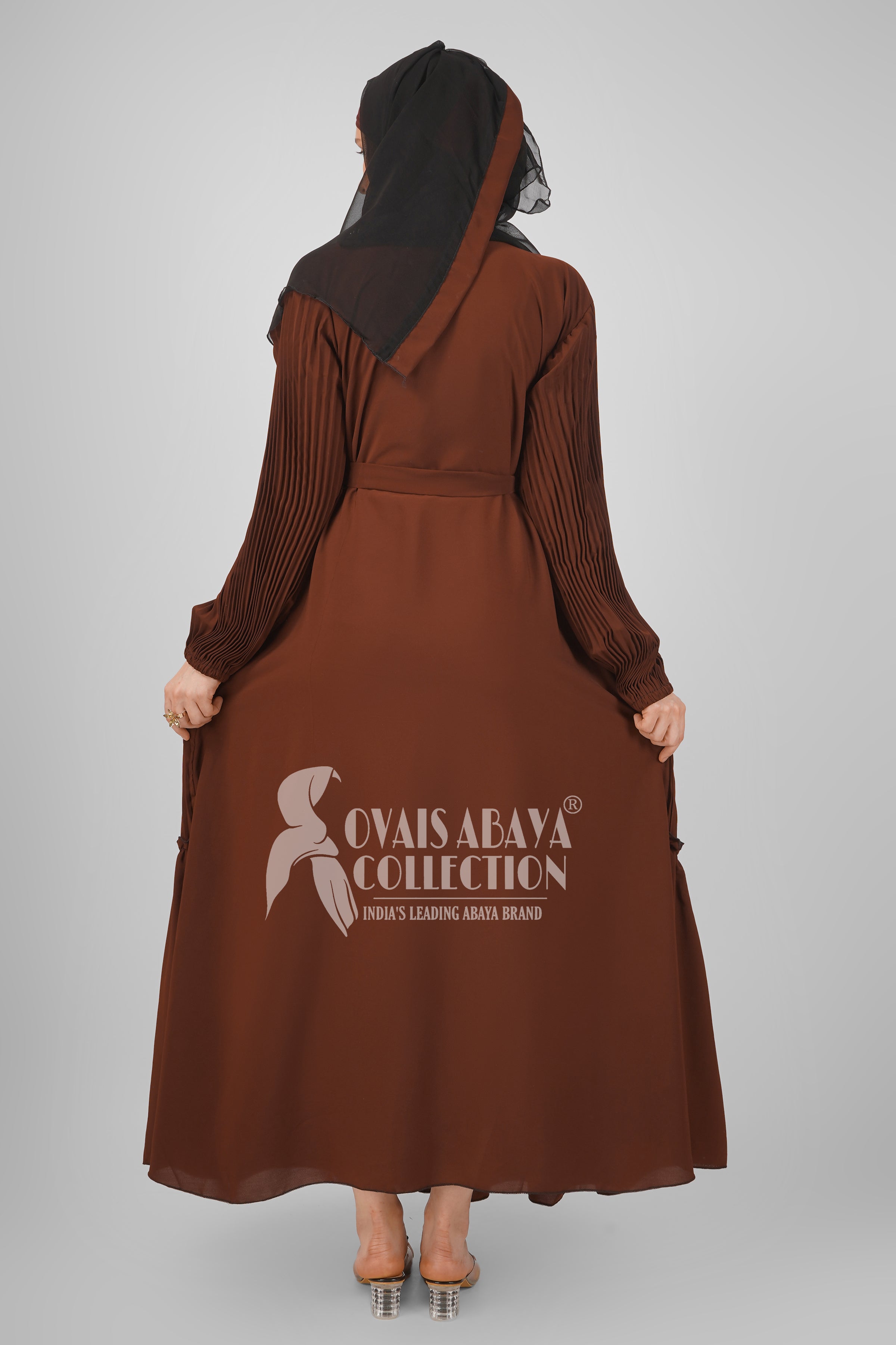 RIDA Beautiful Frill Plates work Abaya - DARK BROWN ( HIGHLY CUSTOMER DEMAND )