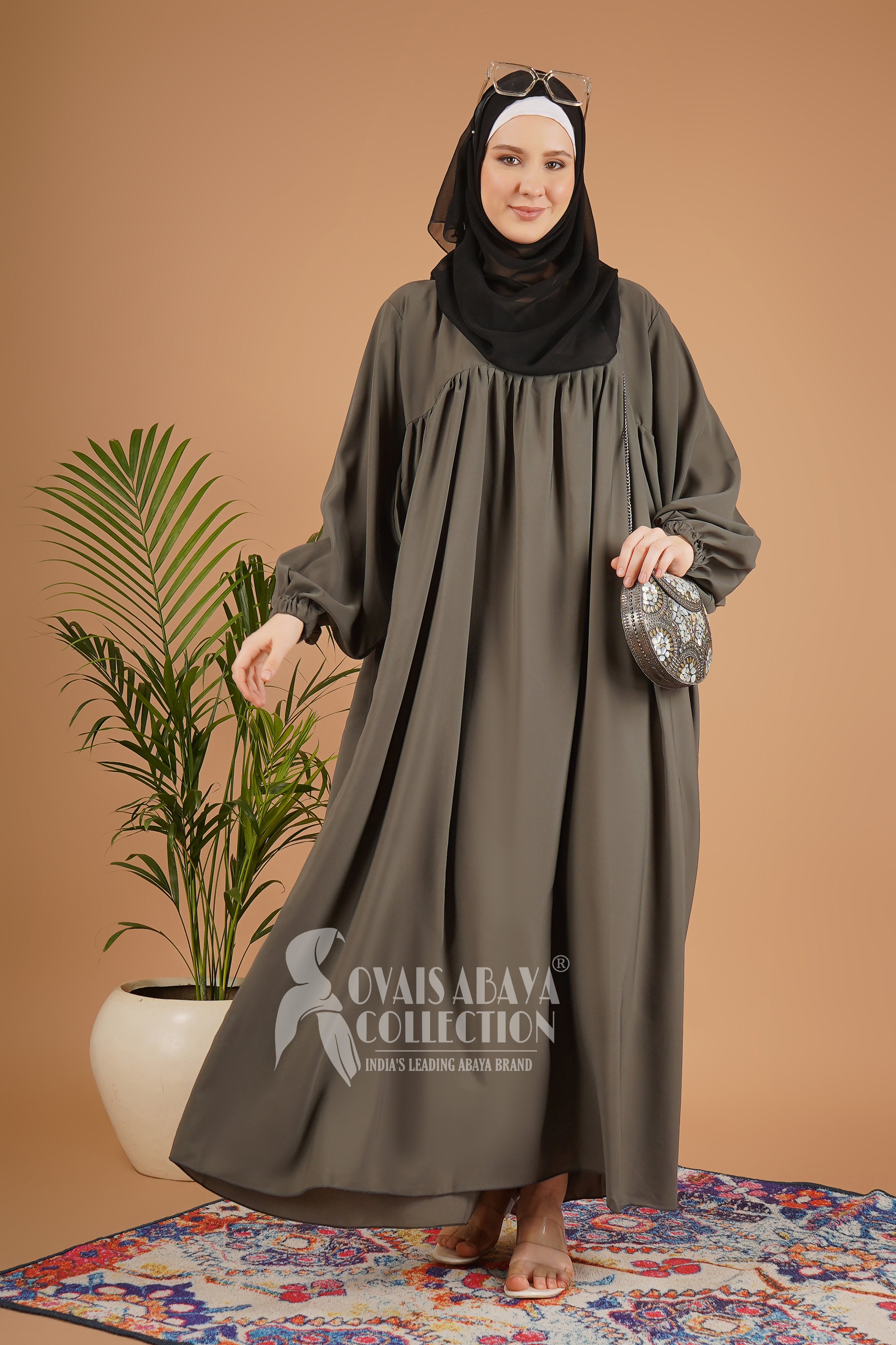 Maryam Pleated Balloon Sleeve Abaya SLASH GRAY ( New Launch )