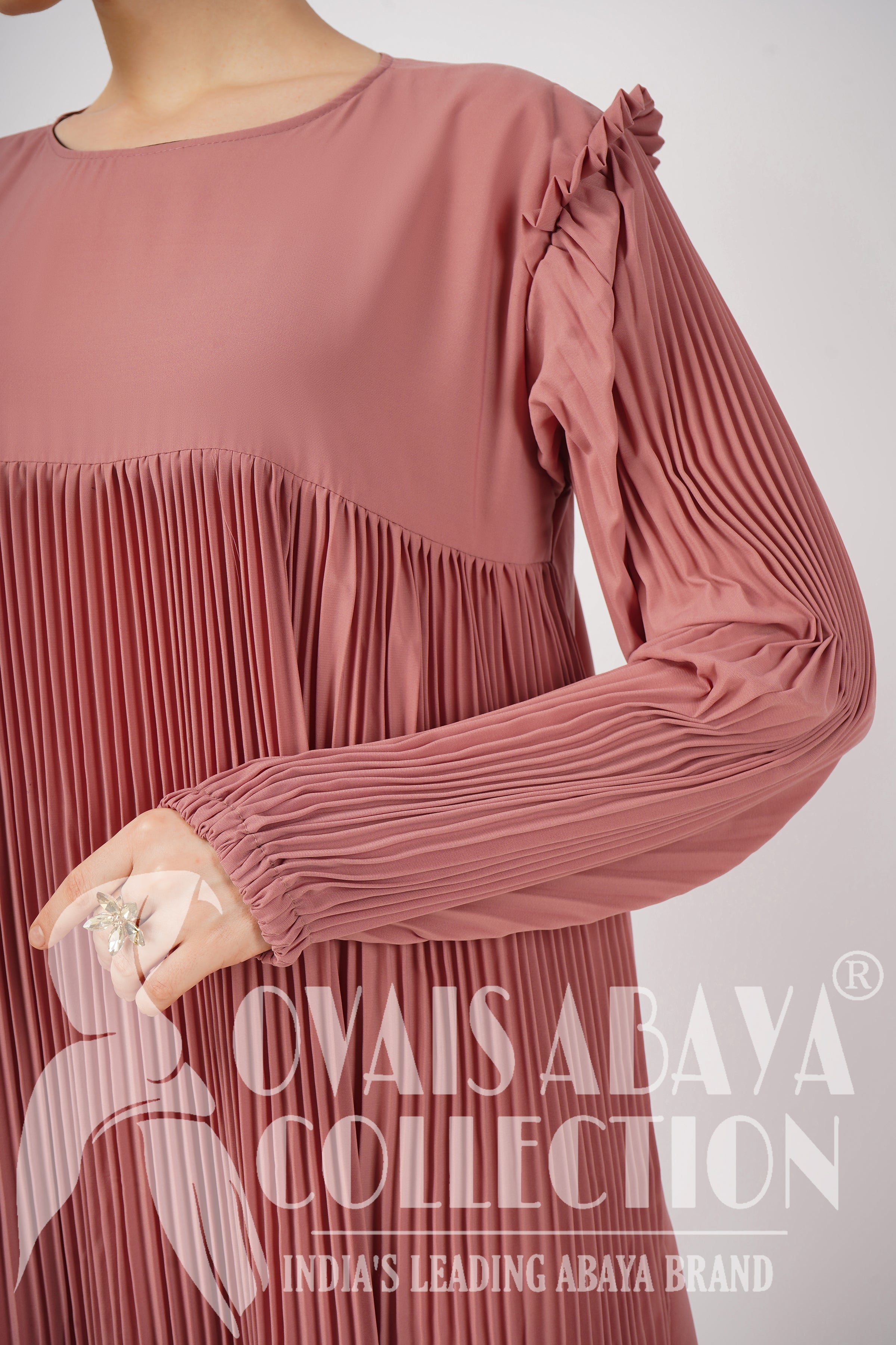 RIDA Beautiful Frill Plates work Abaya - PINK ( HIGHLY CUSTOMER DEMAND )