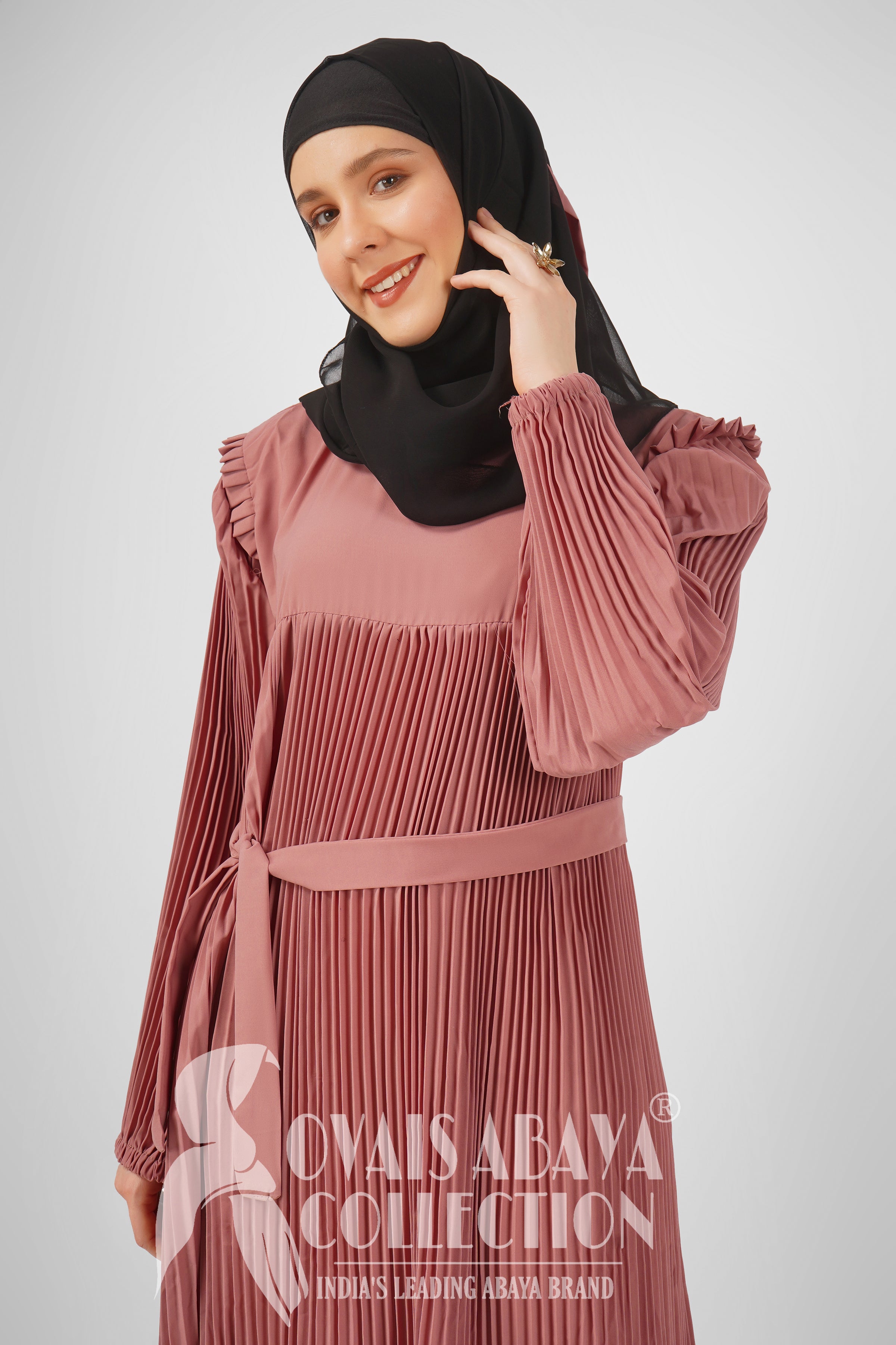 RIDA Beautiful Frill Plates work Abaya - PINK ( HIGHLY CUSTOMER DEMAND )