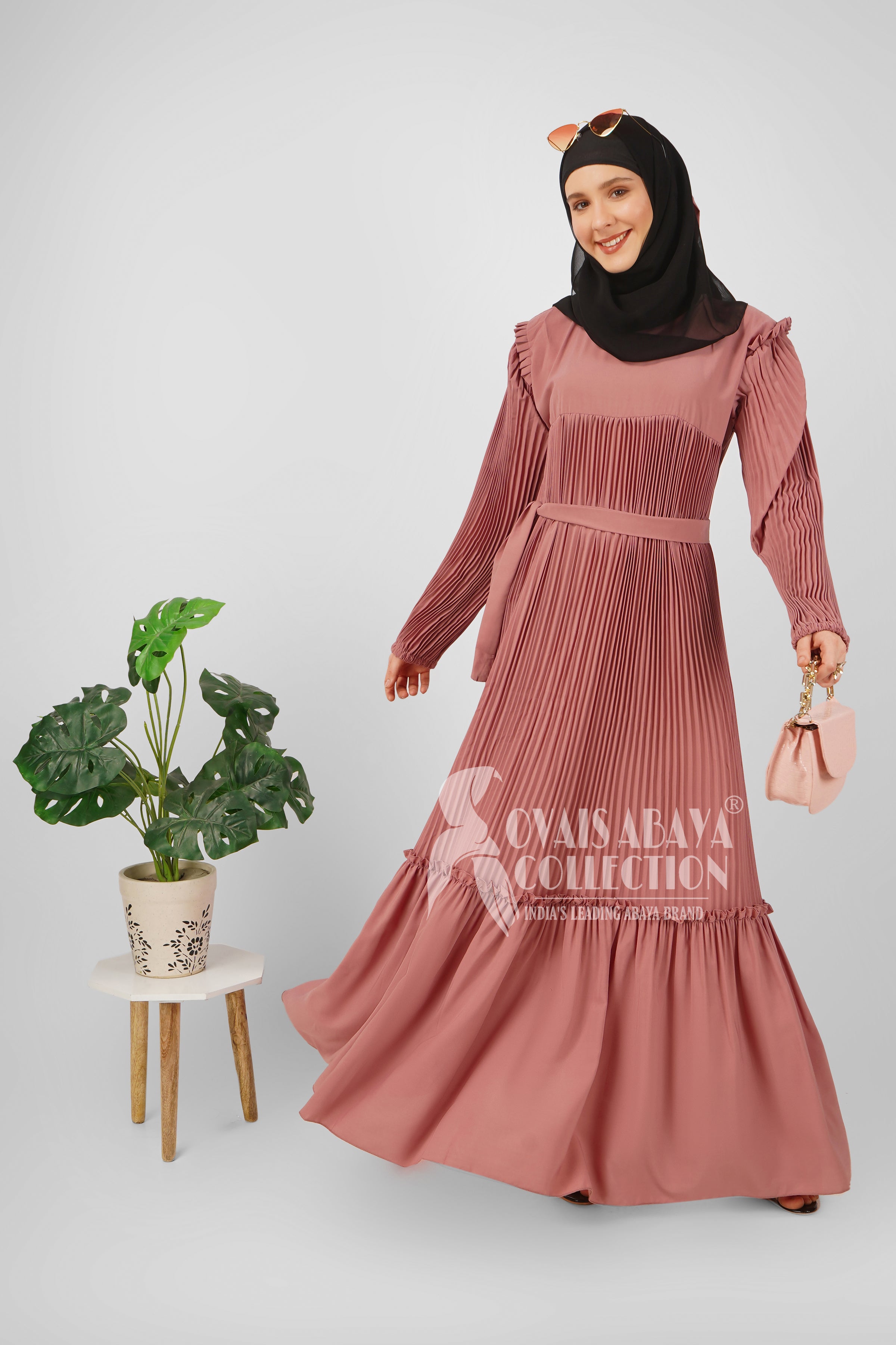 RIDA Beautiful Frill Plates work Abaya - PINK ( HIGHLY CUSTOMER DEMAND )