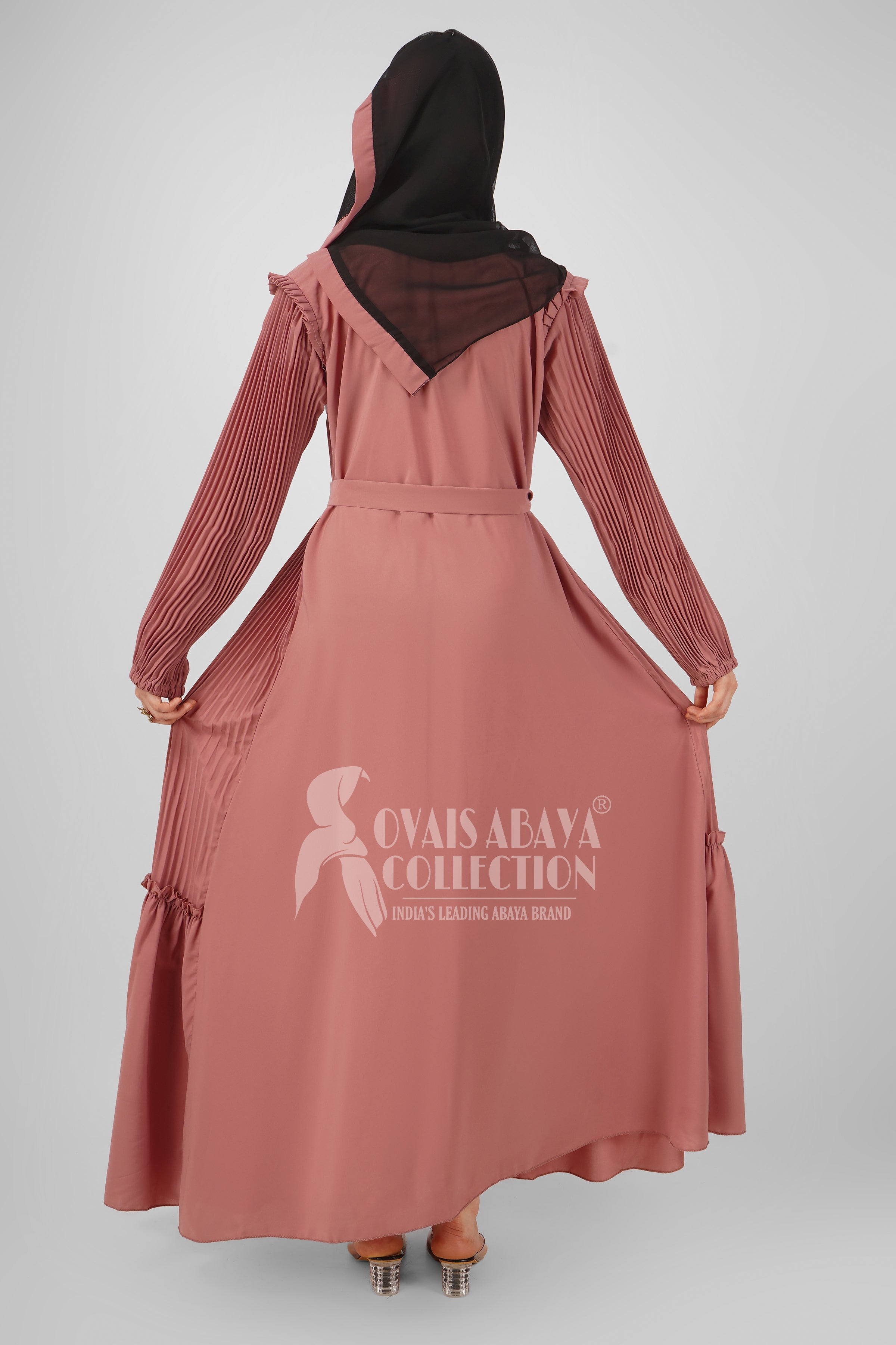 RIDA Beautiful Frill Plates work Abaya - PINK ( HIGHLY CUSTOMER DEMAND )