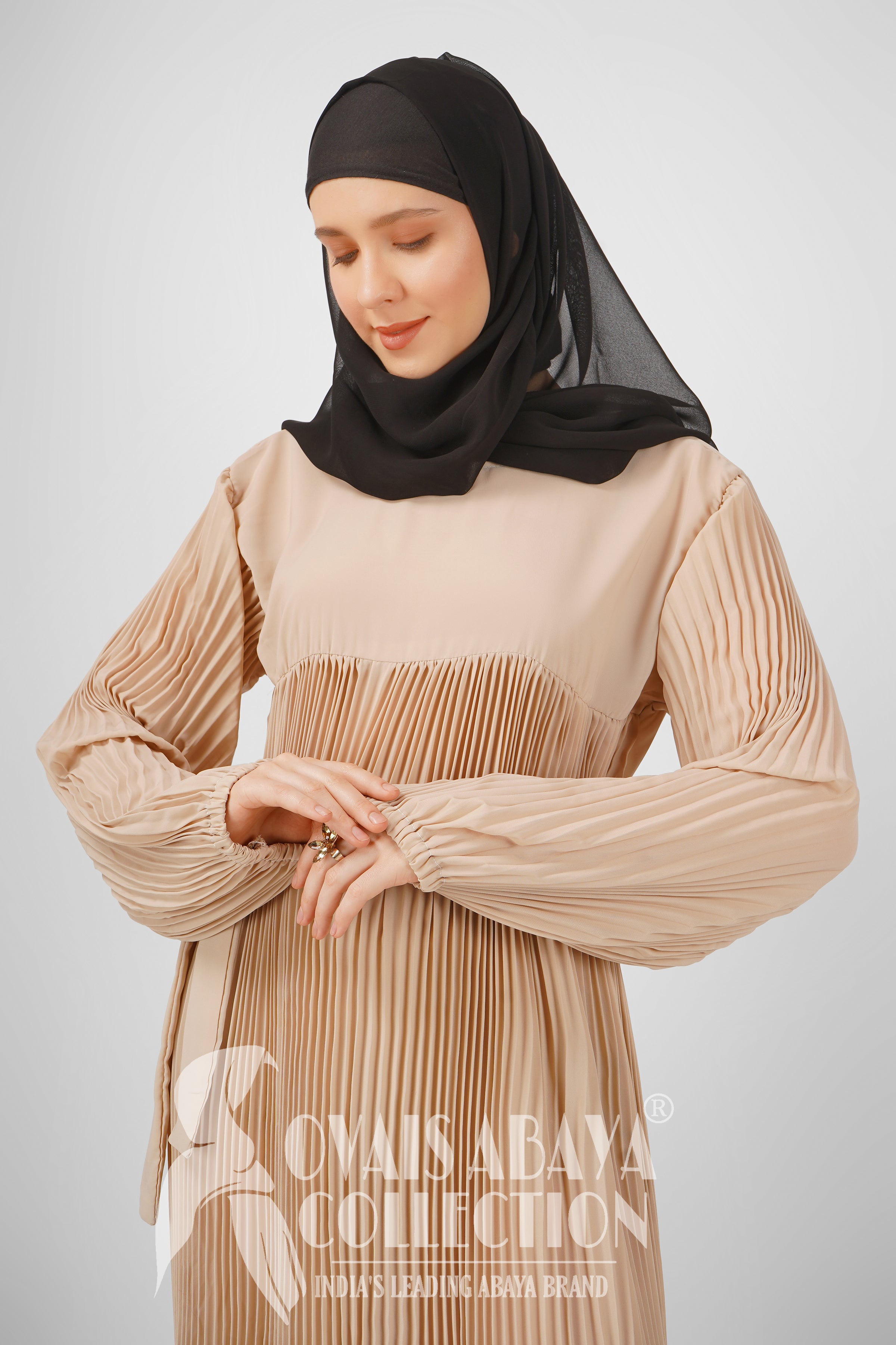 RIDA Beautiful Frill Plates work Abaya - NUDE ( HIGHLY CUSTOMER DEMAND )