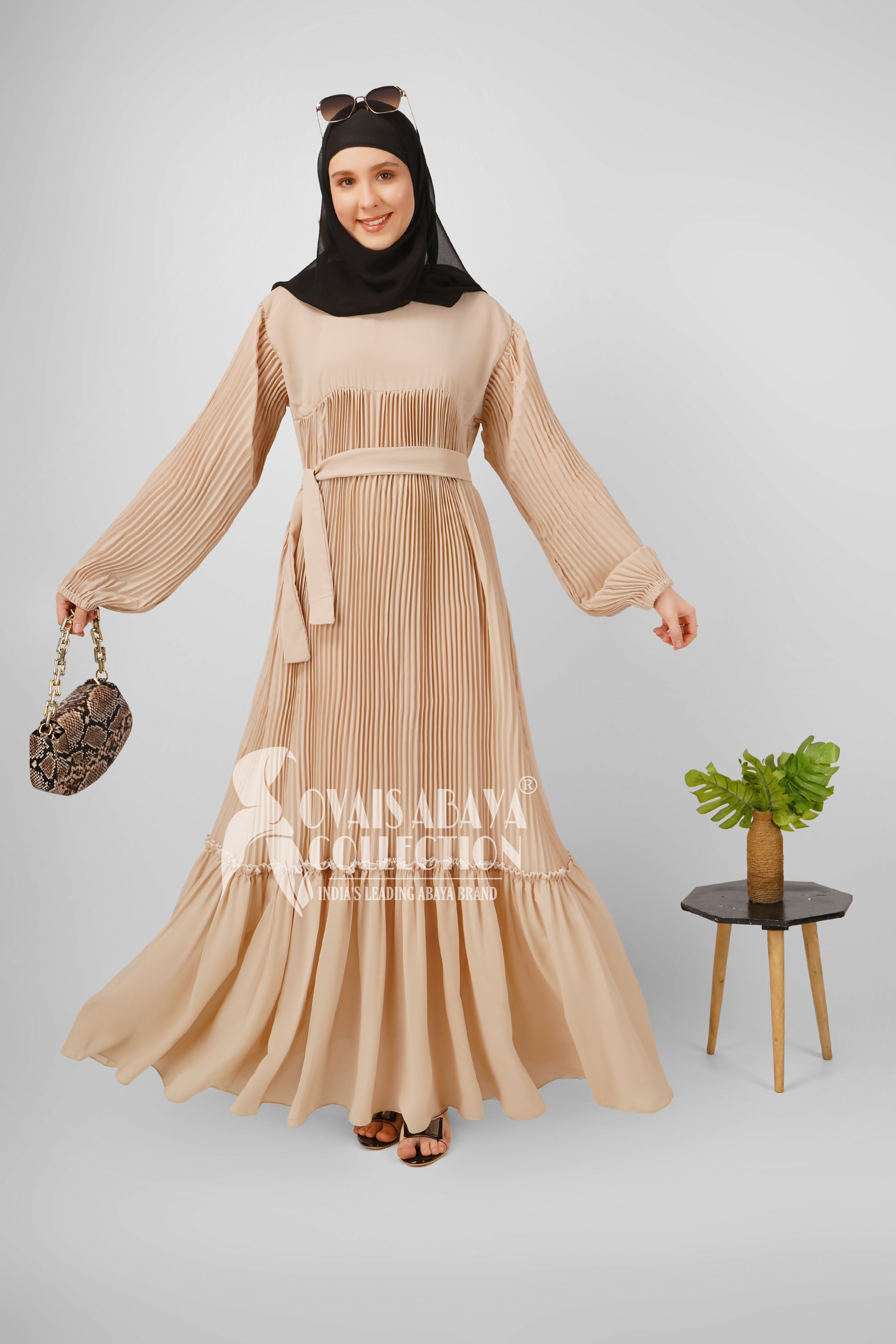 RIDA Beautiful Frill Plates work Abaya - NUDE ( HIGHLY CUSTOMER DEMAND )