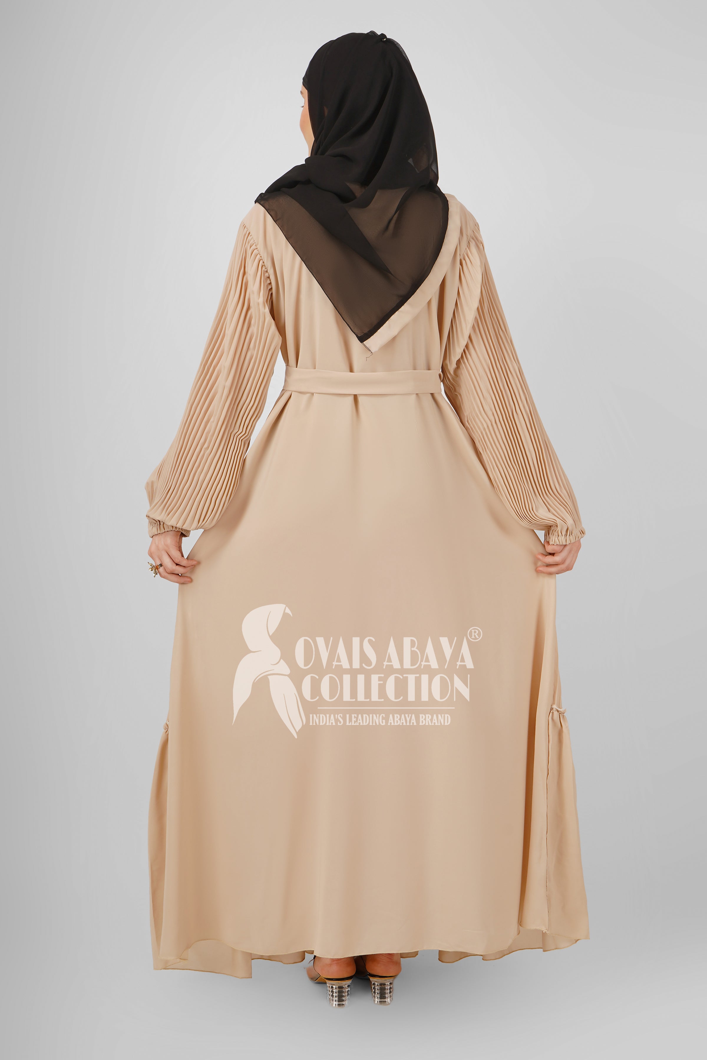 RIDA Beautiful Frill Plates work Abaya - NUDE ( HIGHLY CUSTOMER DEMAND )