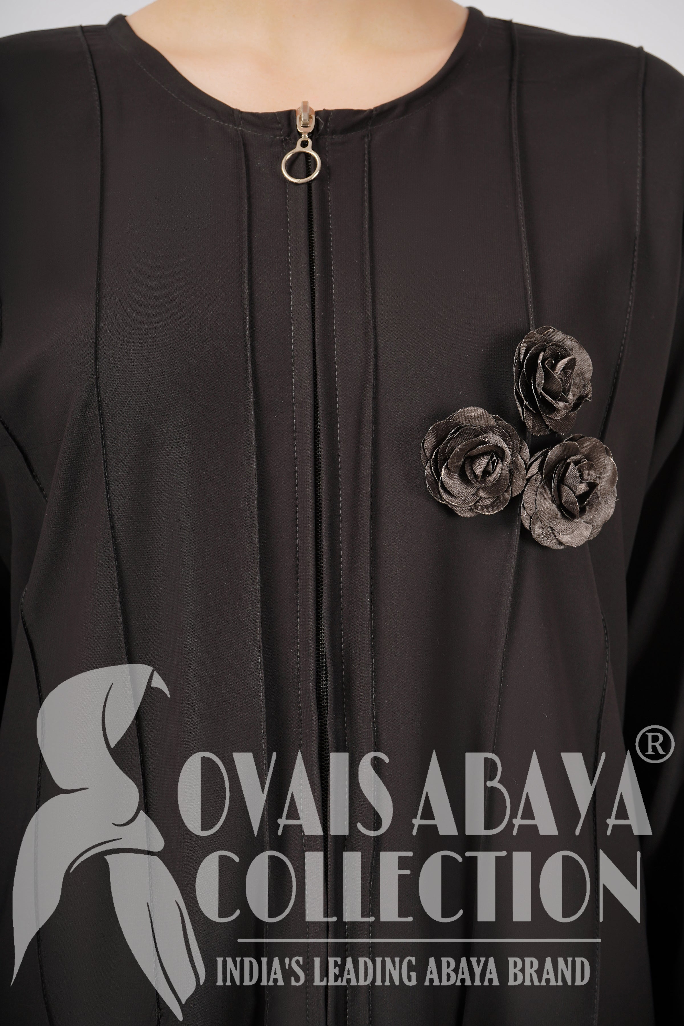 Imported Zoha Zipper Pintex Abaya With Beautiful Brooch & Cuffed Sleeve - BLACK