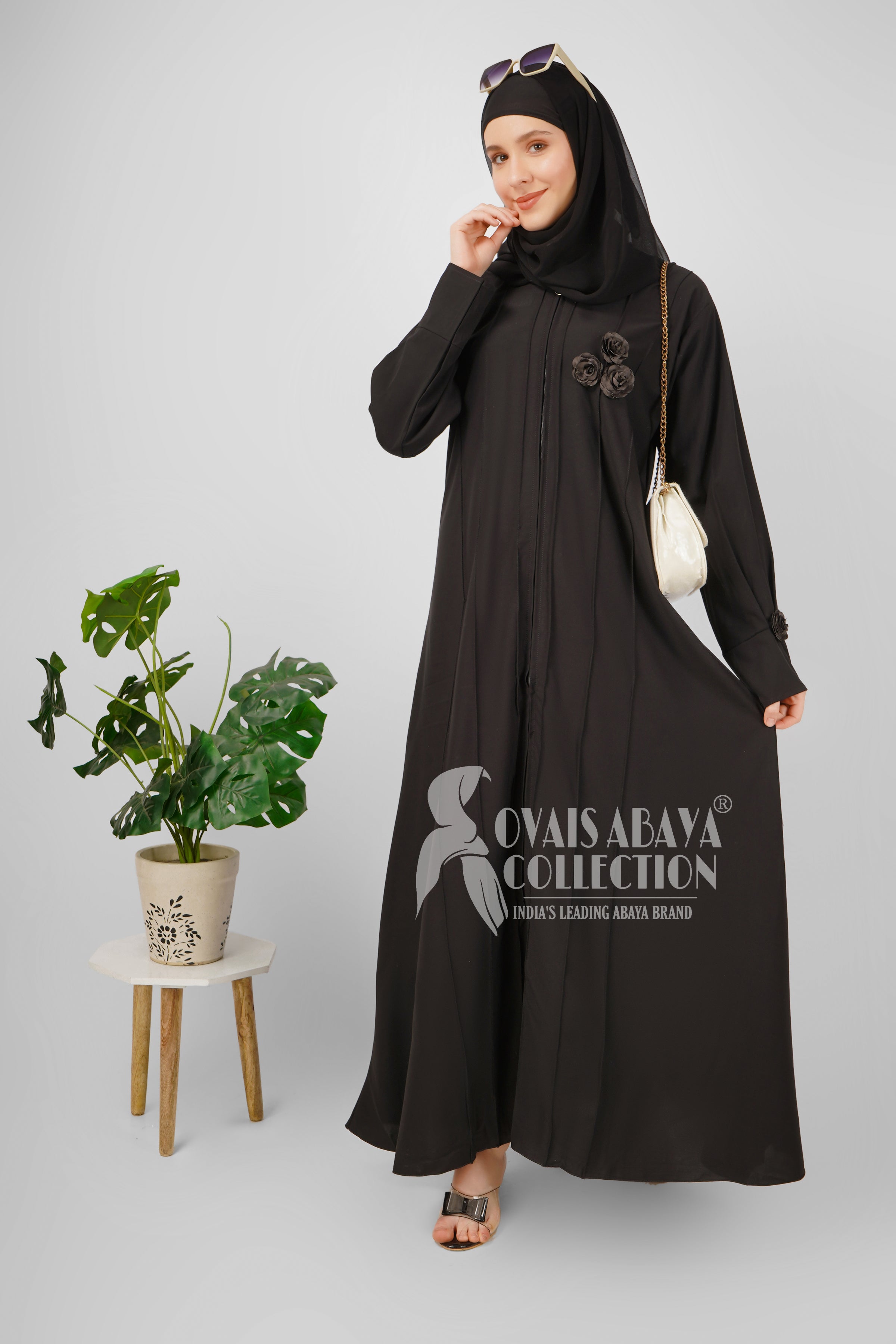 Imported Zoha Zipper Pintex Abaya With Beautiful Brooch & Cuffed Sleeve - BLACK