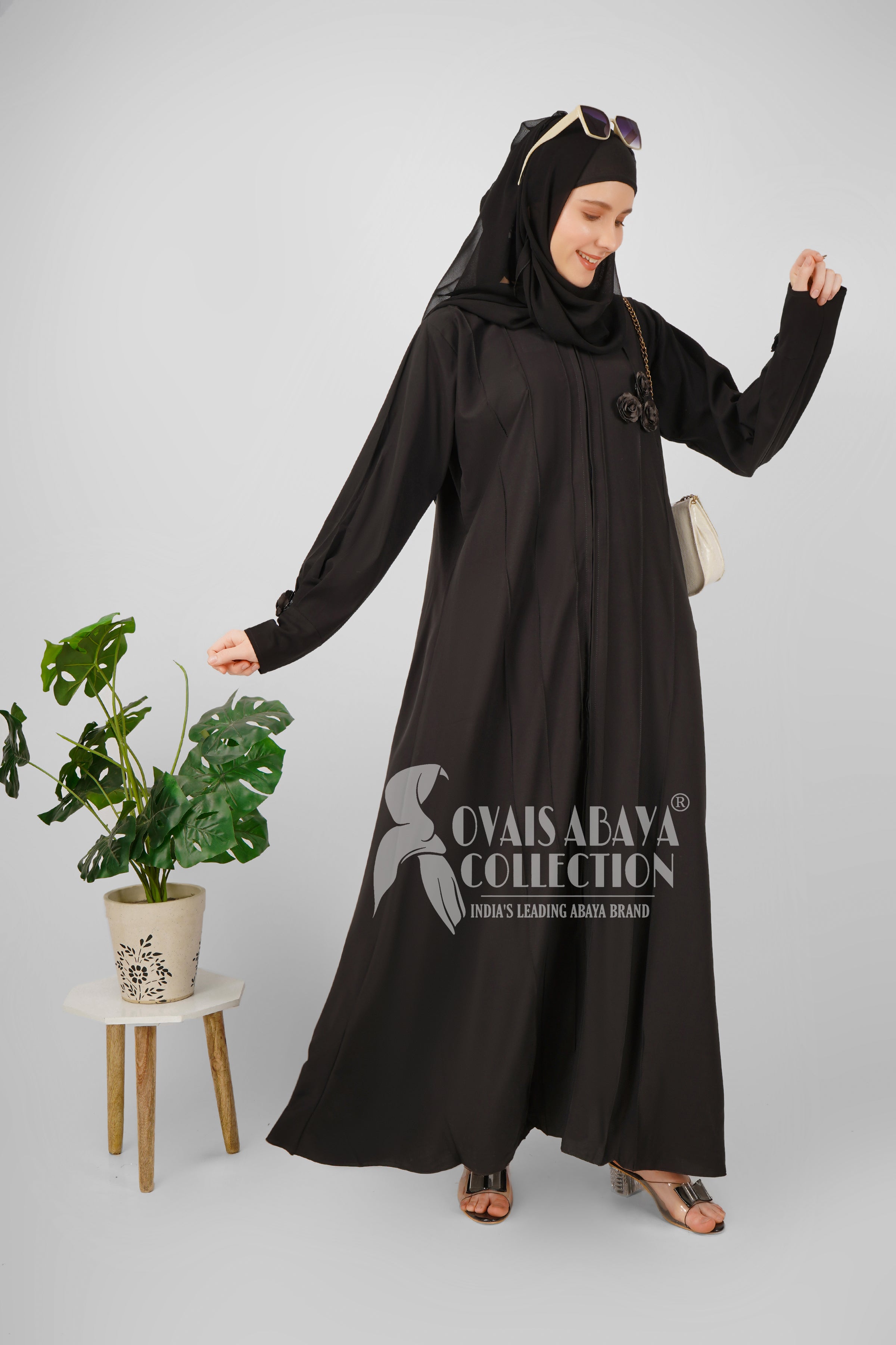 Imported Zoha Zipper Pintex Abaya With Beautiful Brooch & Cuffed Sleeve - BLACK