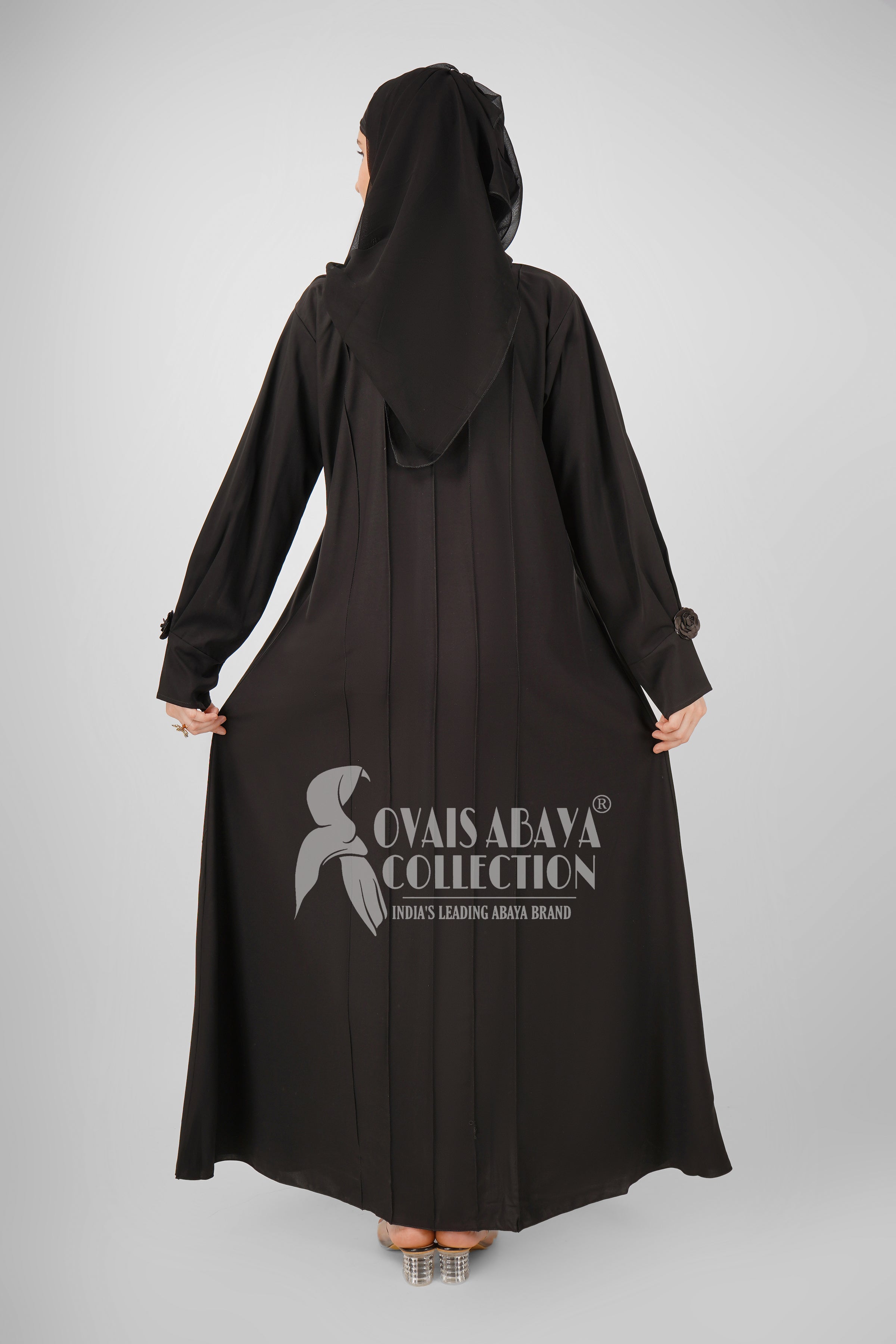 Imported Zoha Zipper Pintex Abaya With Beautiful Brooch & Cuffed Sleeve - BLACK