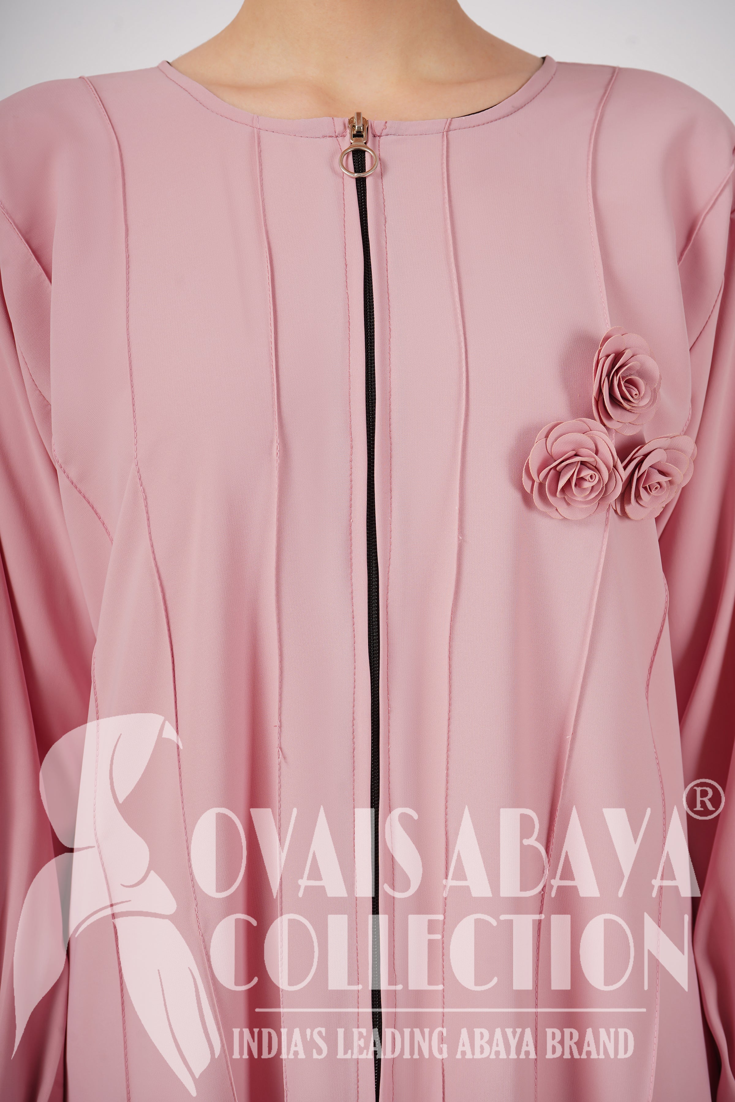 Imported Zoha Zipper Pintex Abaya With Beautiful Brooch & Cuffed Sleeve - PINK