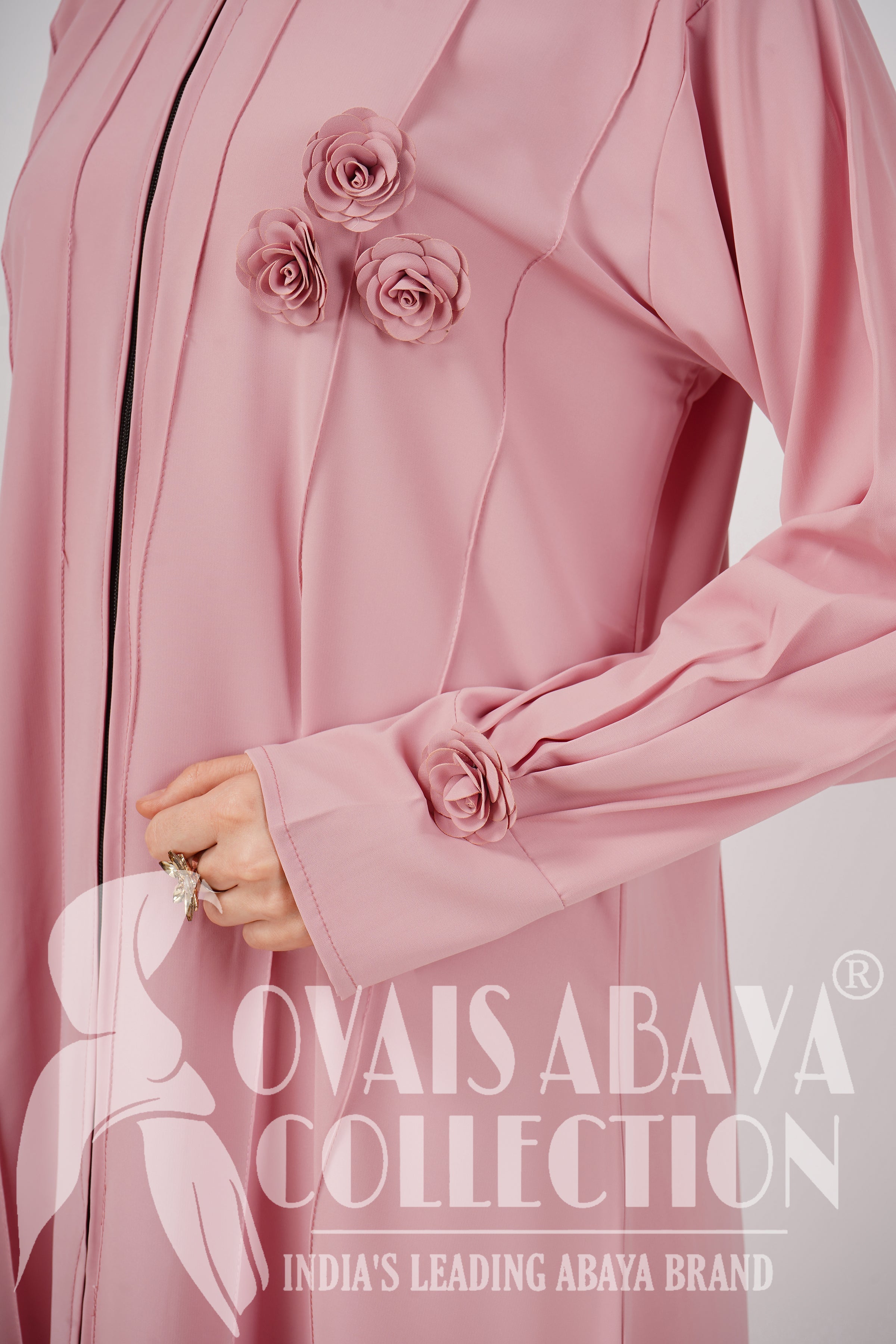 Imported Zoha Zipper Pintex Abaya With Beautiful Brooch & Cuffed Sleeve - PINK