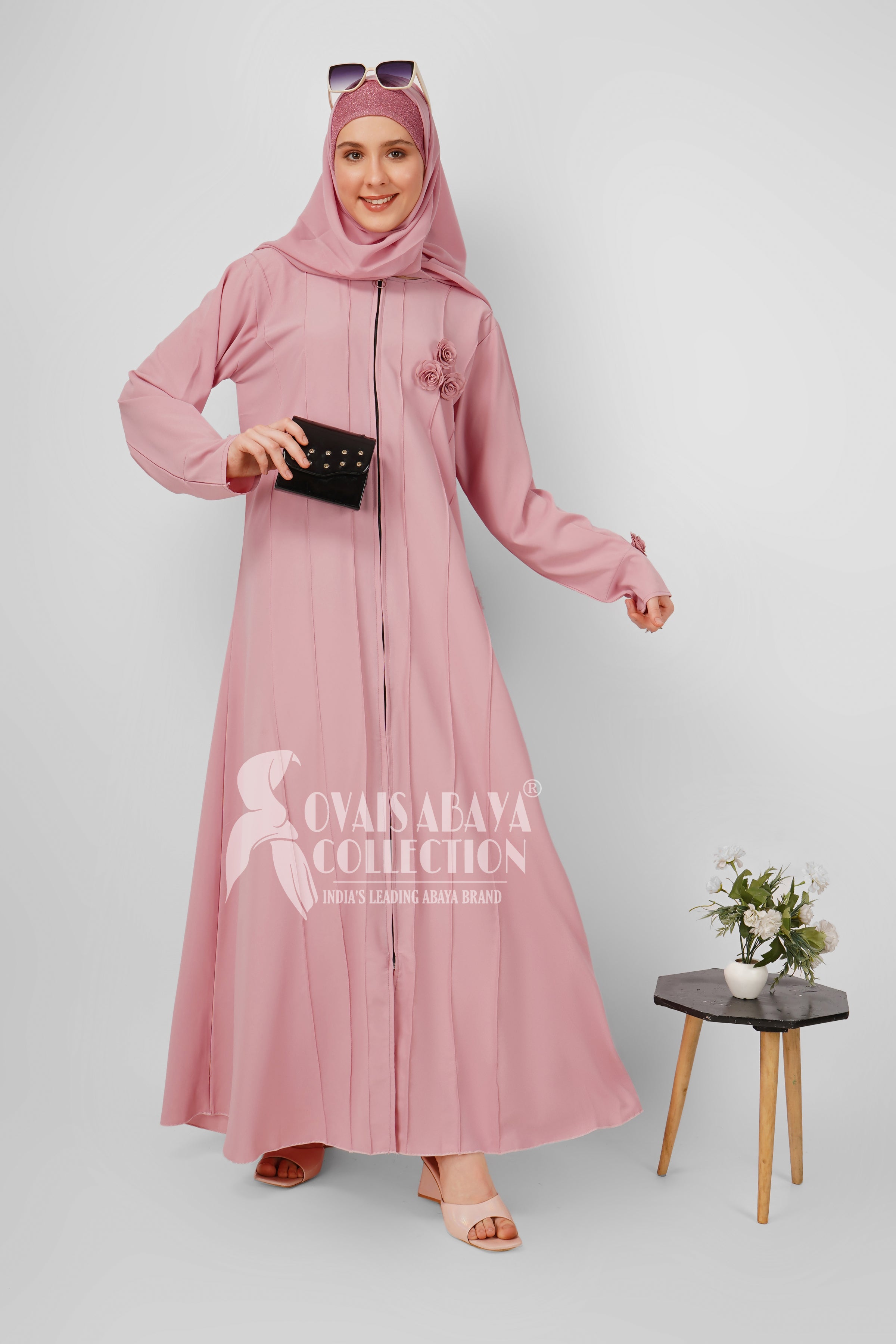 Imported Zoha Zipper Pintex Abaya With Beautiful Brooch & Cuffed Sleeve - PINK