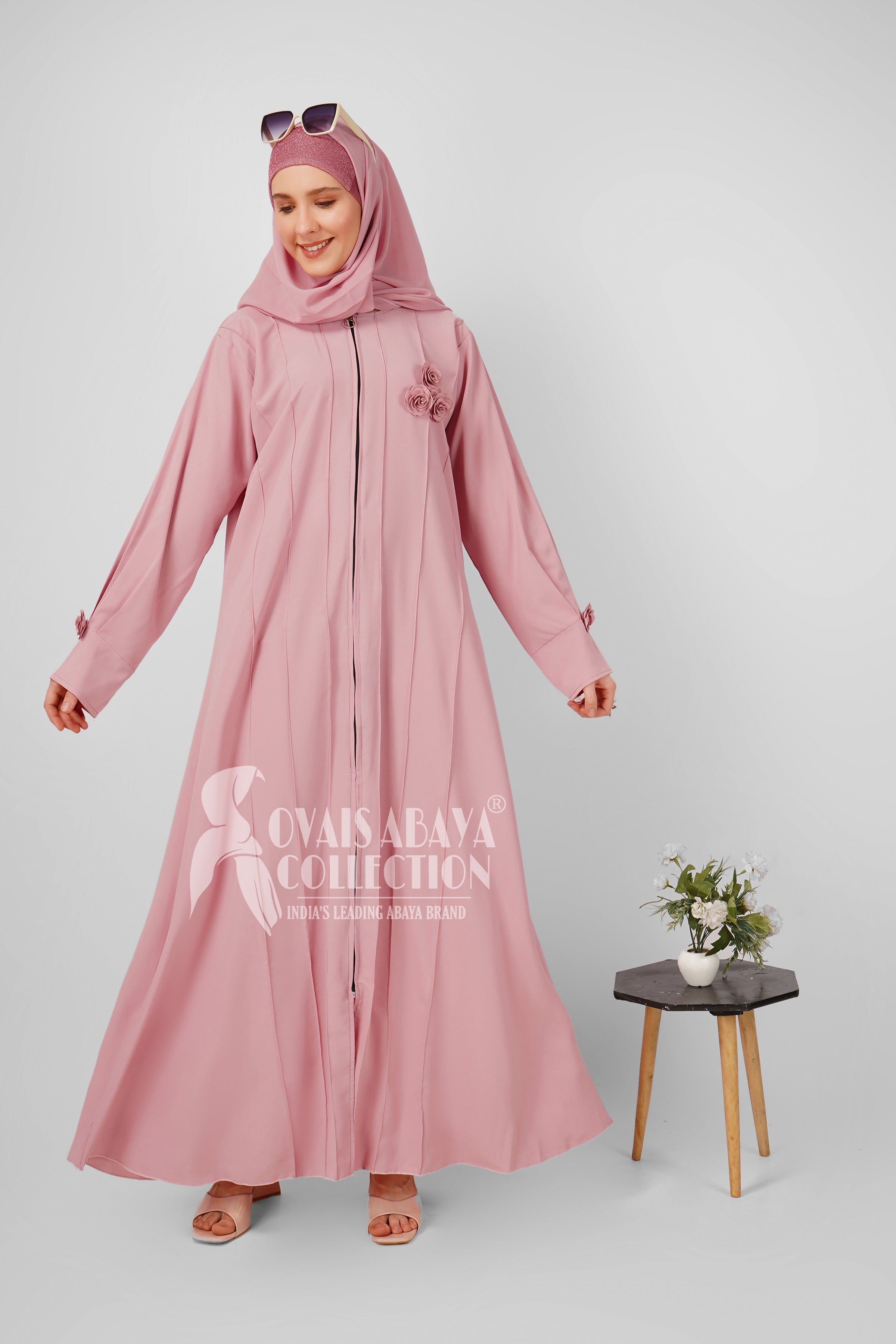 Imported Zoha Zipper Pintex Abaya With Beautiful Brooch & Cuffed Sleeve - PINK