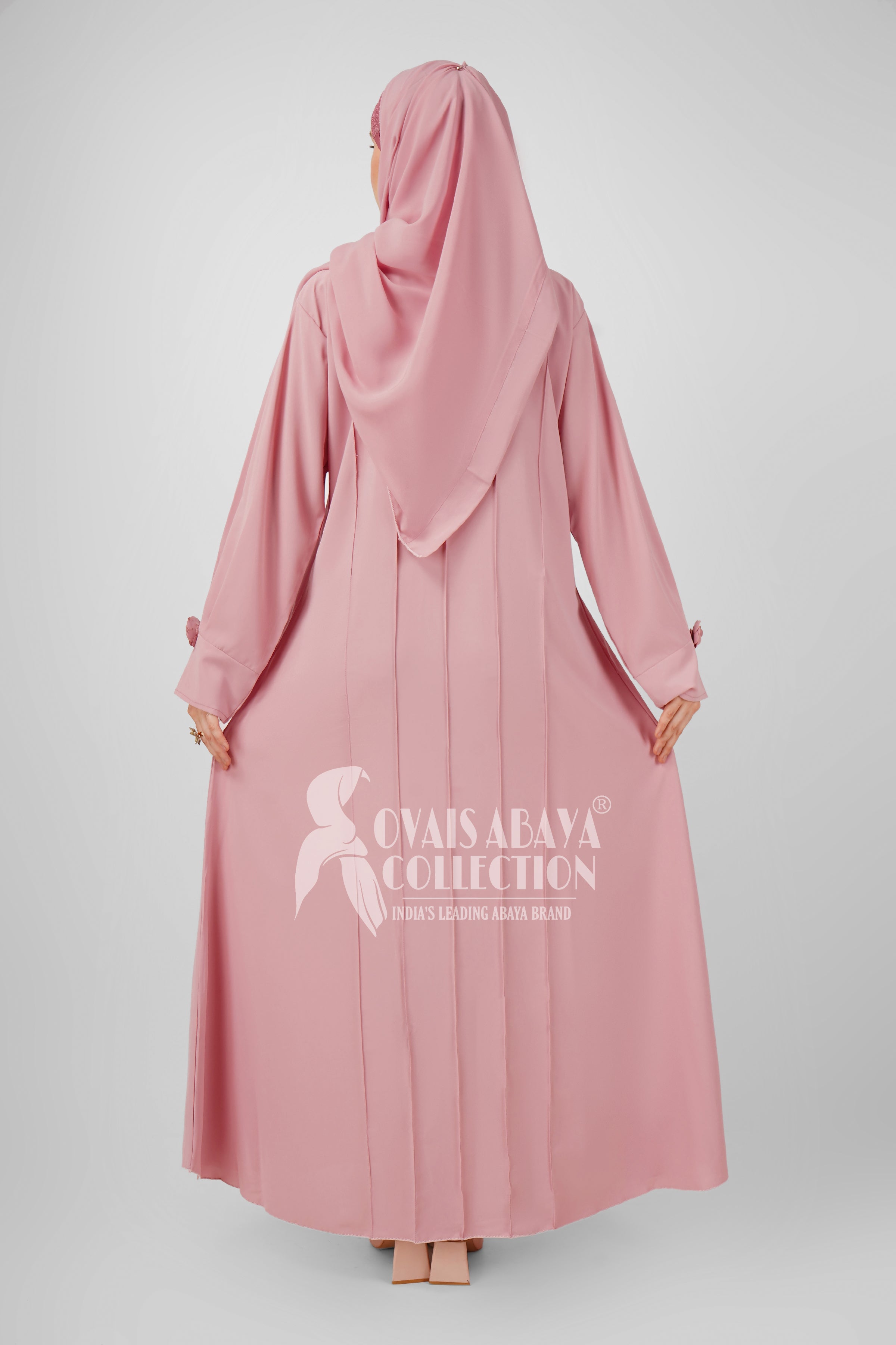 Imported Zoha Zipper Pintex Abaya With Beautiful Brooch & Cuffed Sleeve - PINK