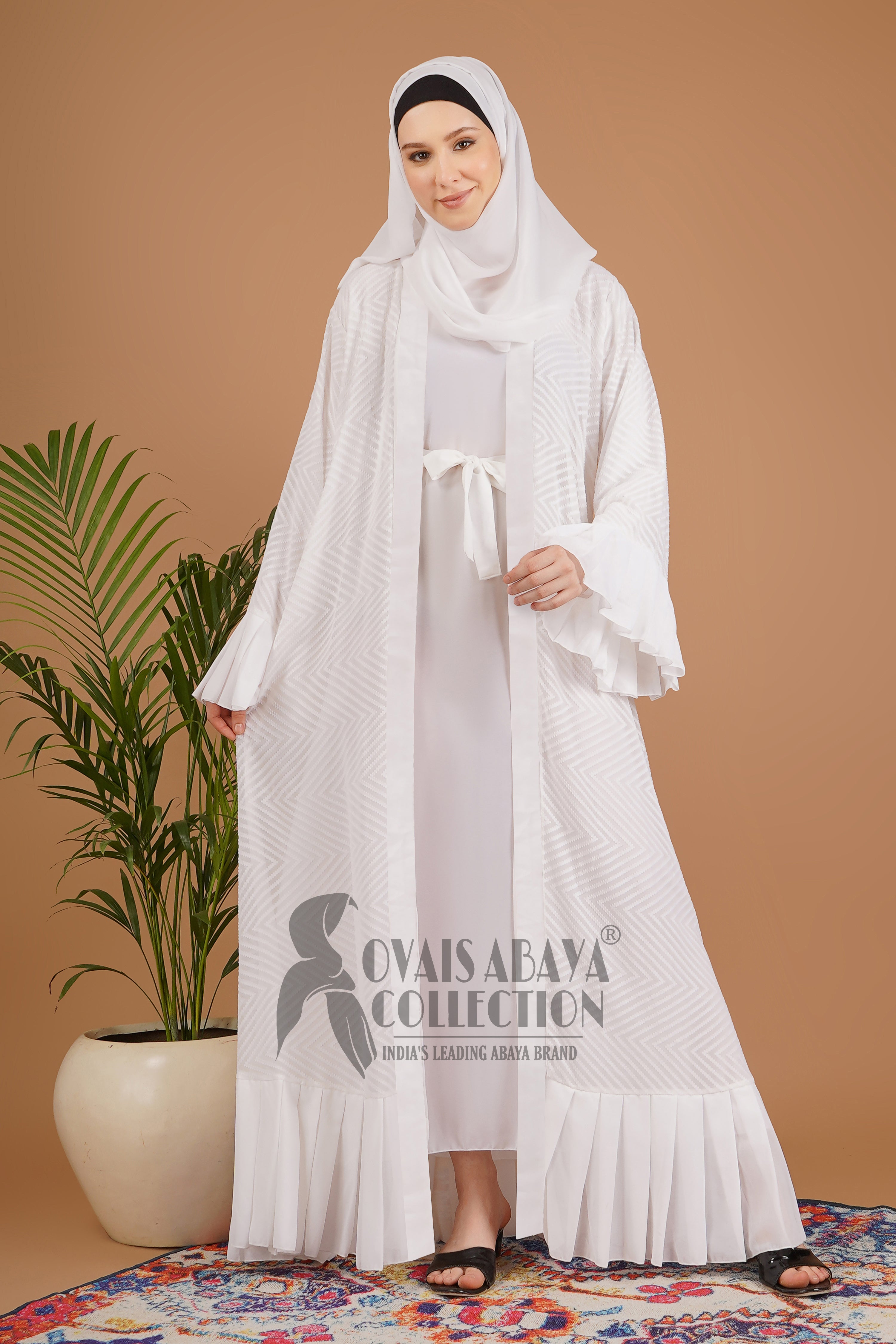 Spl White Embos Double Shrugs Abaya ( Umrah Collection )