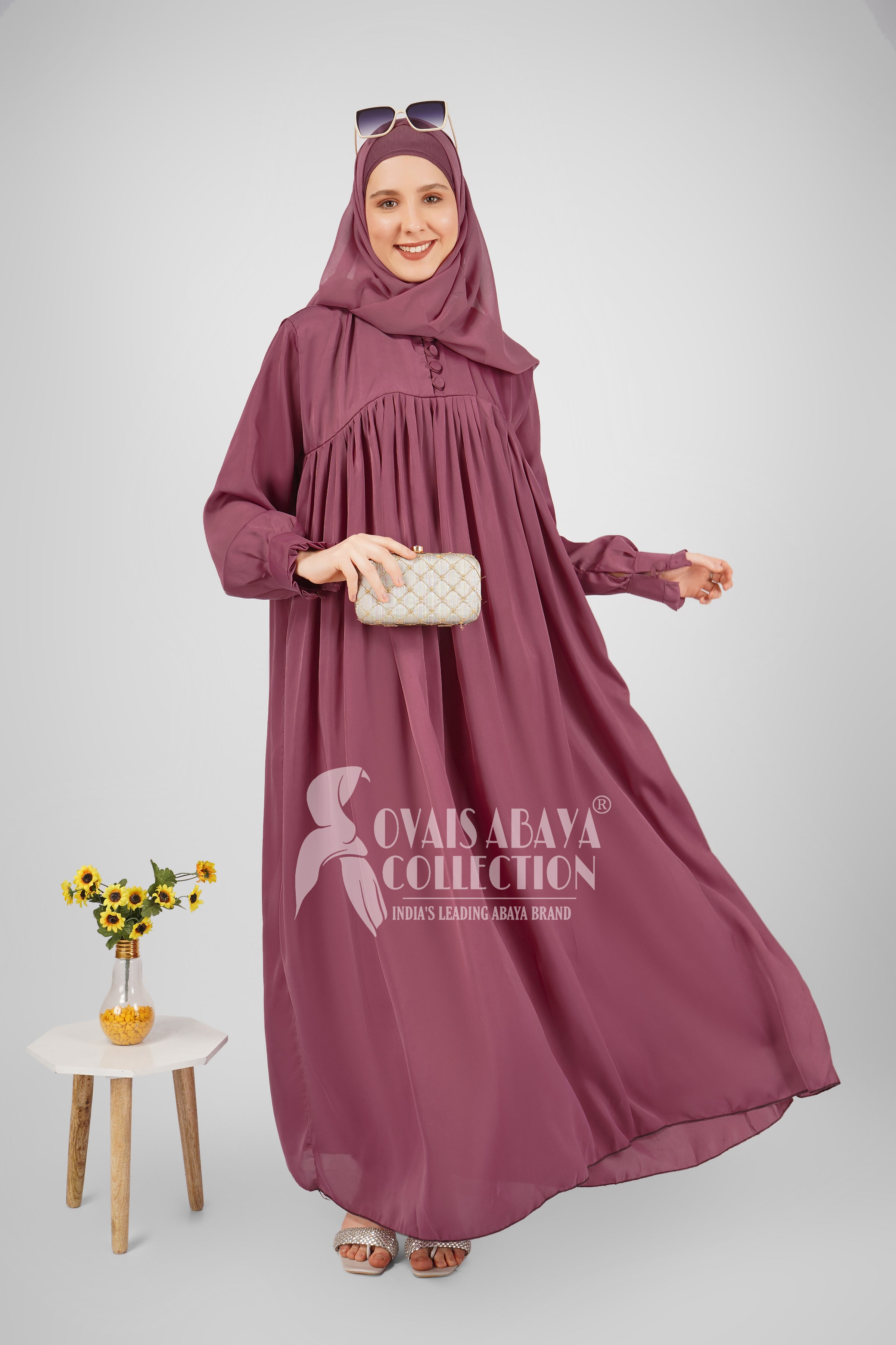 New Collar Plate work & Beautifull Buttons work Abaya ( MAUVE PINK )