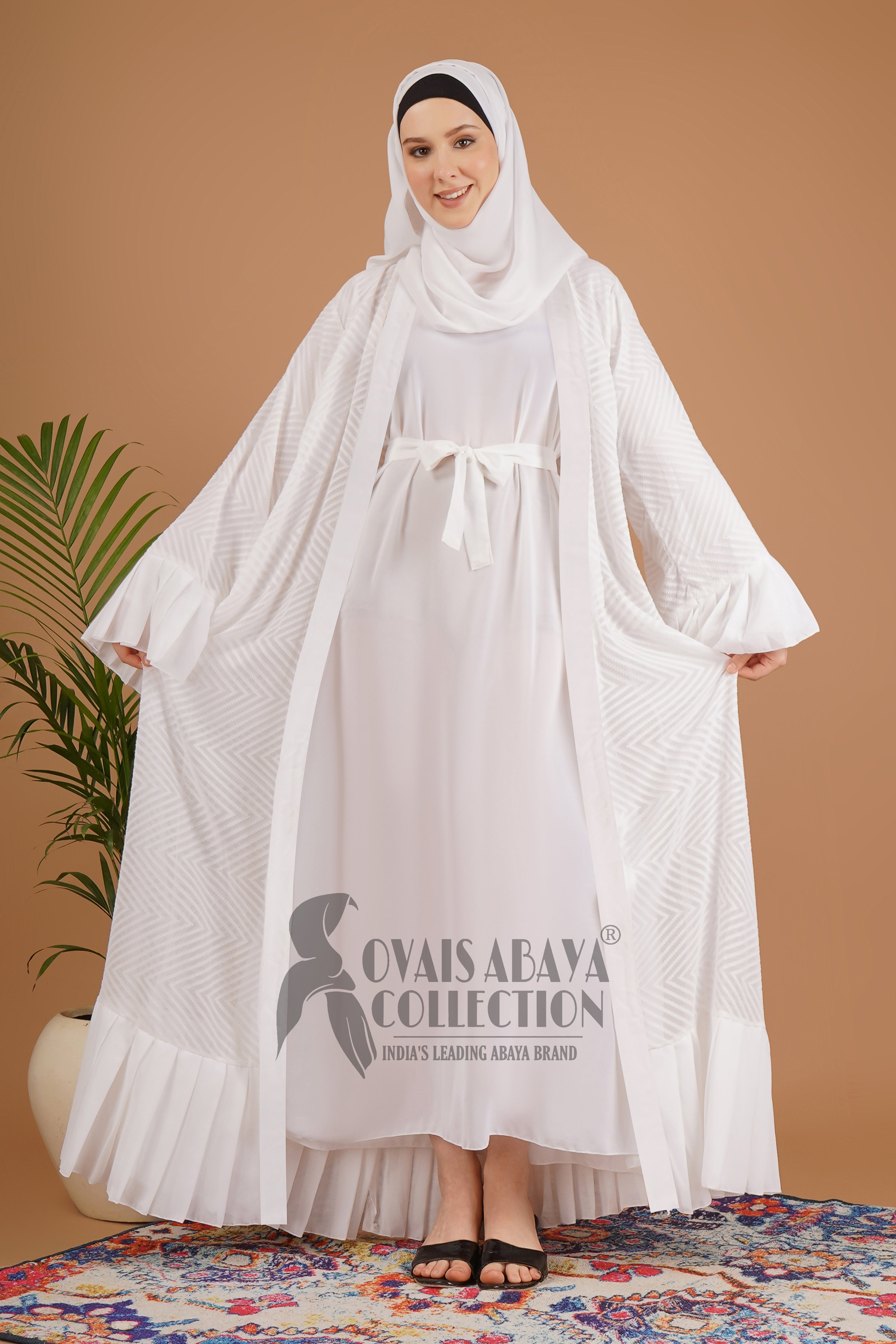 Spl White Embos Double Shrugs Abaya ( Umrah Collection )