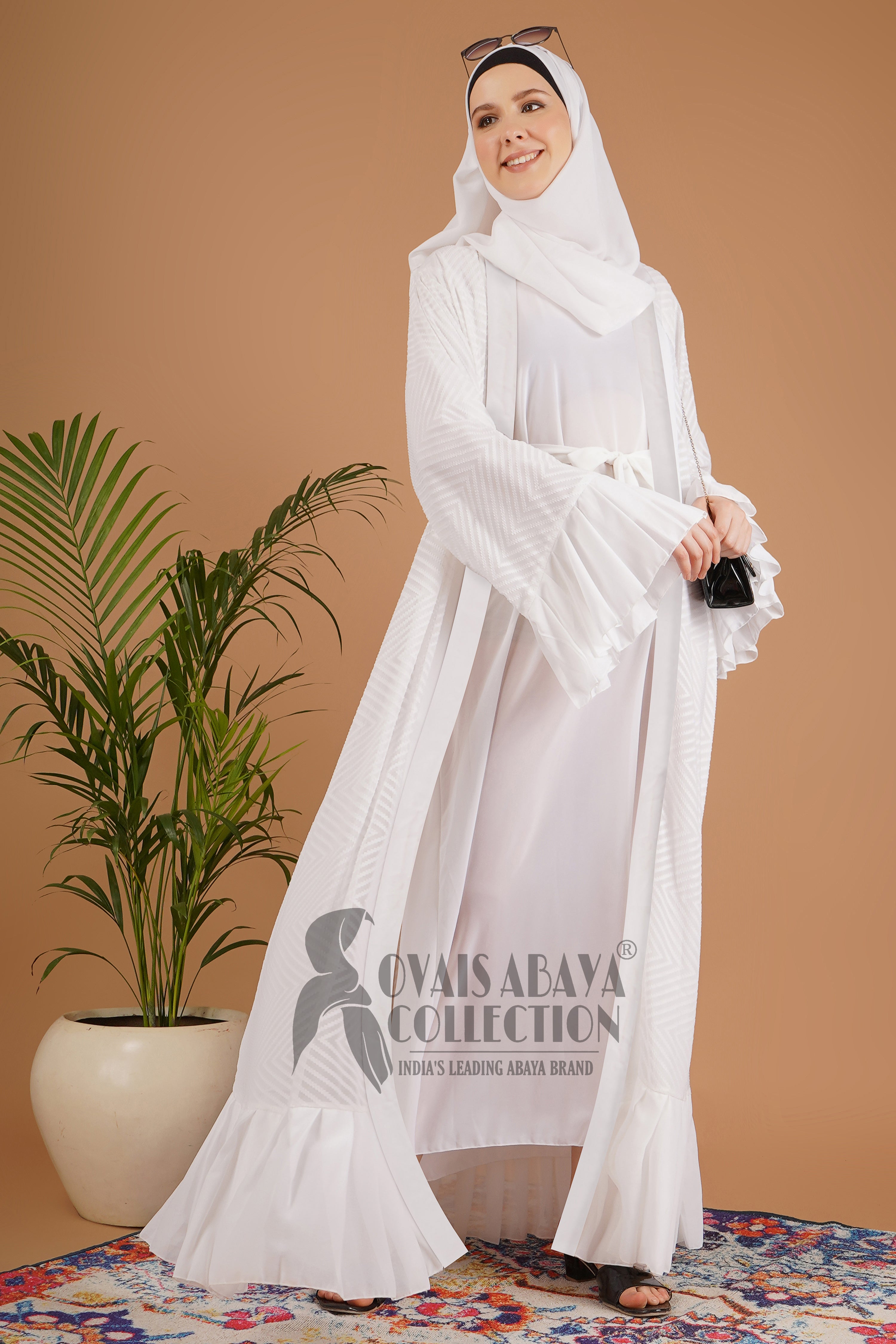 Spl White Embos Double Shrugs Abaya ( Umrah Collection )