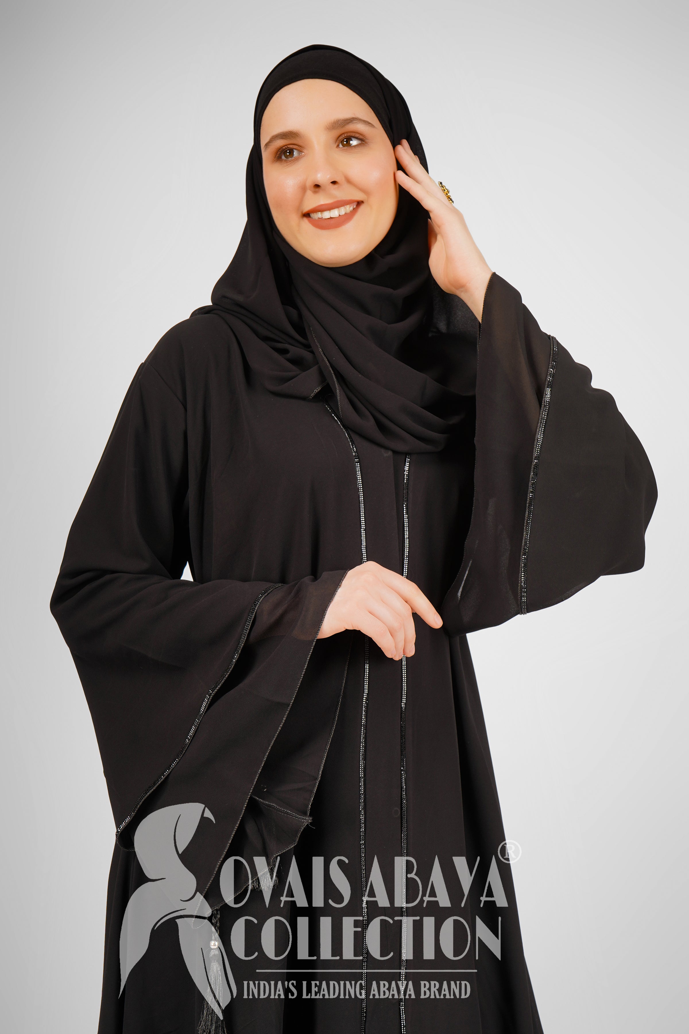 Asma Layered Front Open Imported Stone Laces Abaya ( Ramzan Launch )