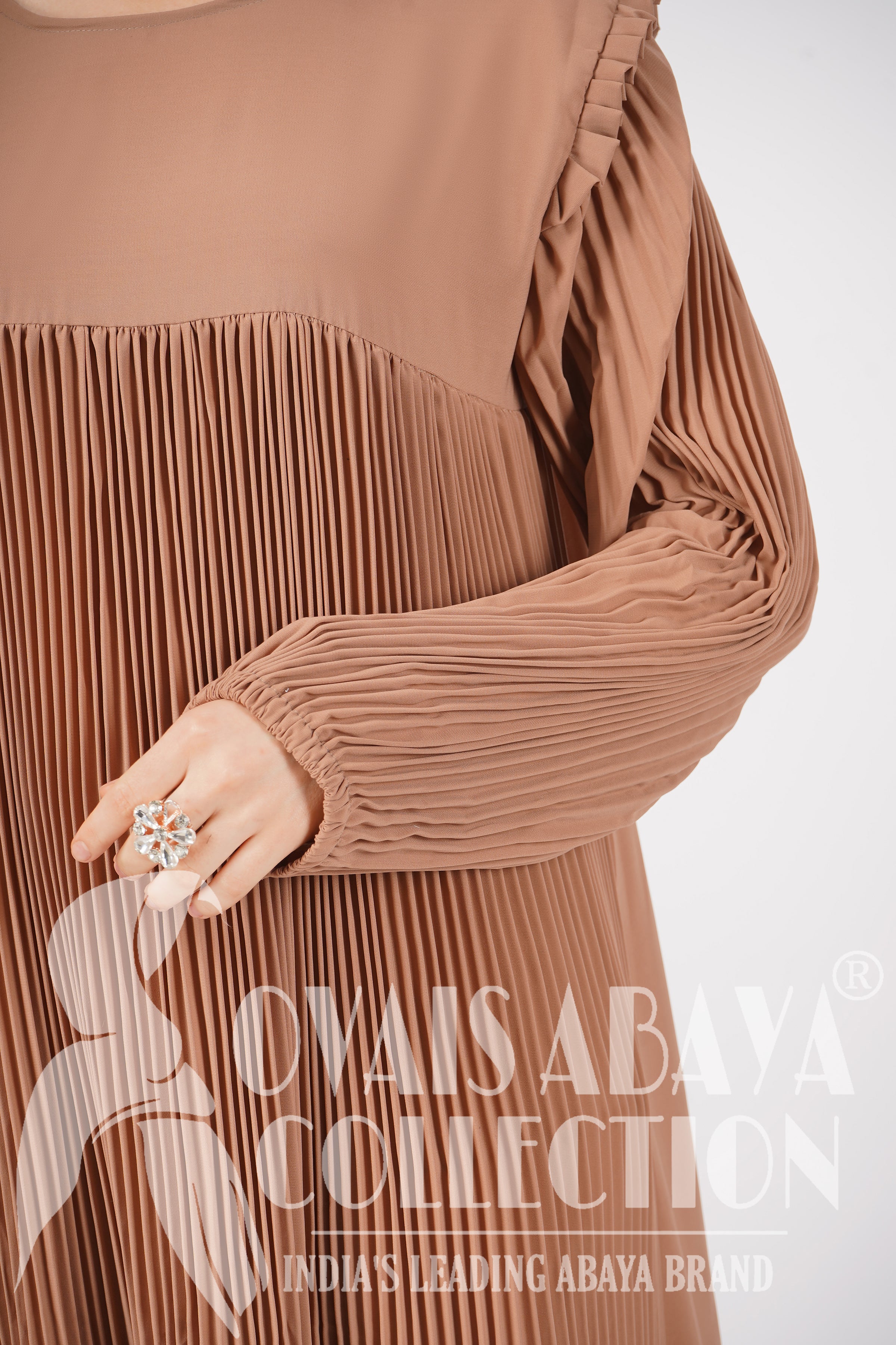 RIDA Beautiful Frill Plates work Abaya - BEIGE ( HIGHLY CUSTOMER DEMAND )