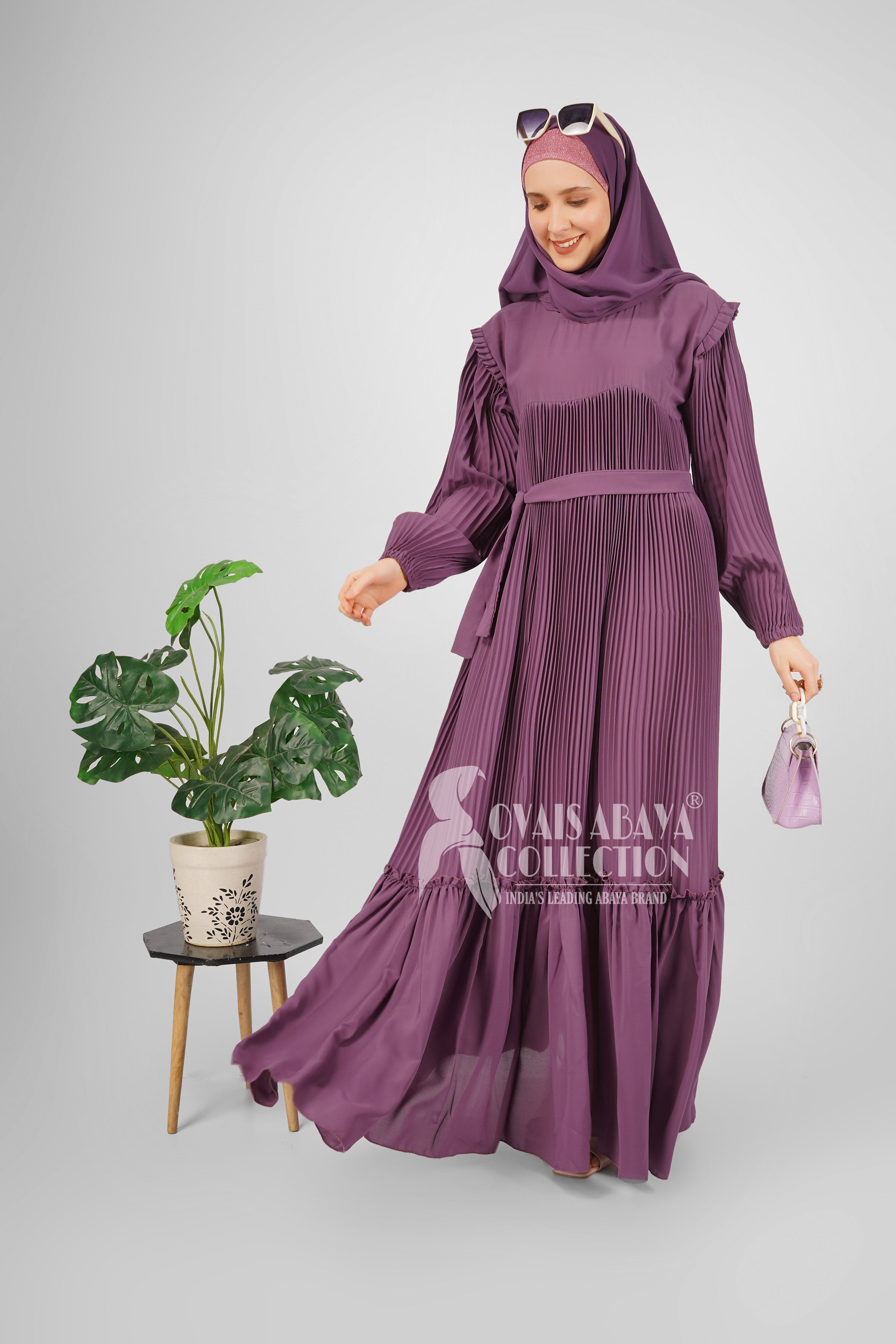 RIDA Beautiful Frill Plates work Abaya - LAVENDER ( HIGHLY CUSTOMER DEMAND )