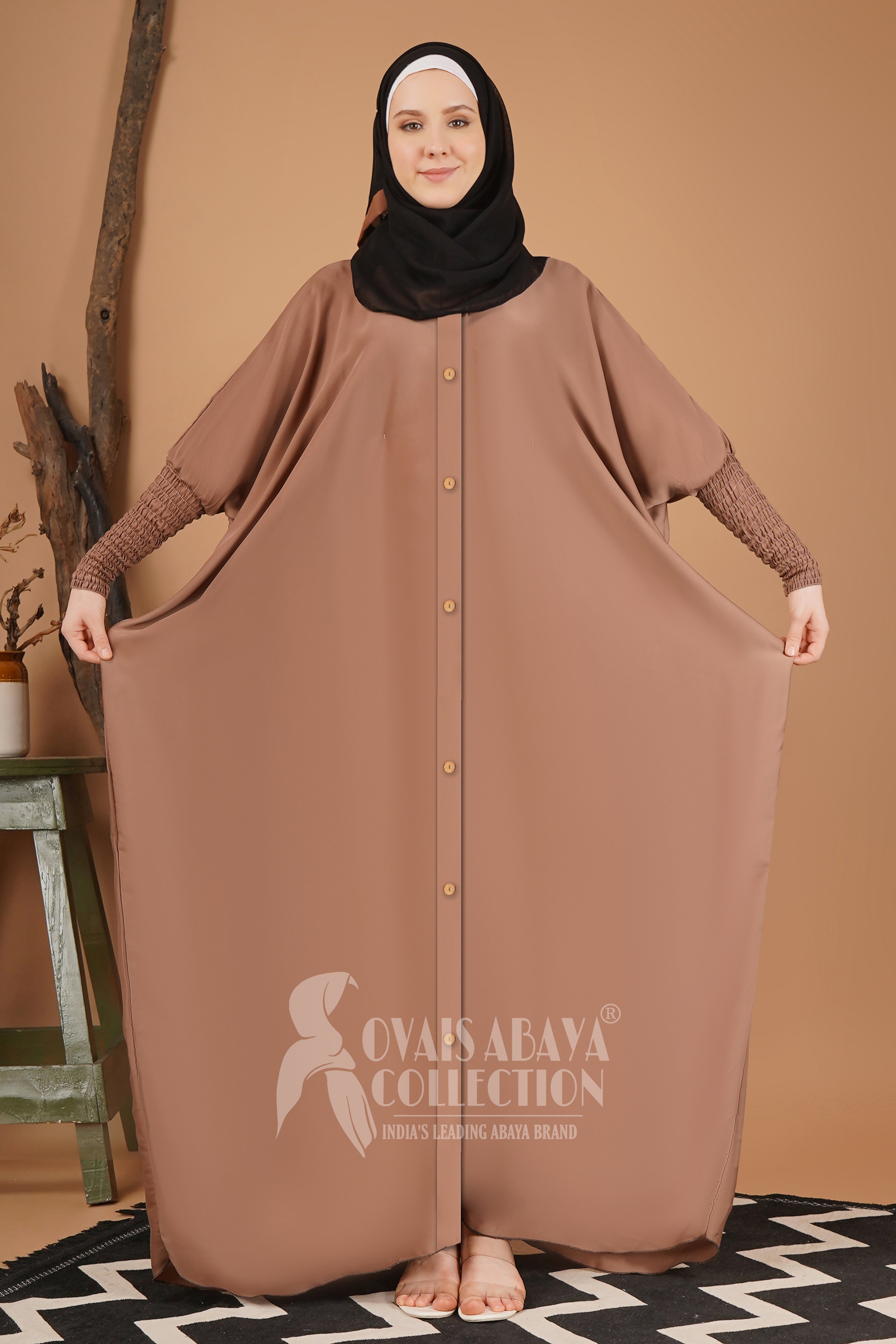 Shaziya puff Sleeves Button Kaftan Abaya - GHESTNUT LITE ( New Launch )