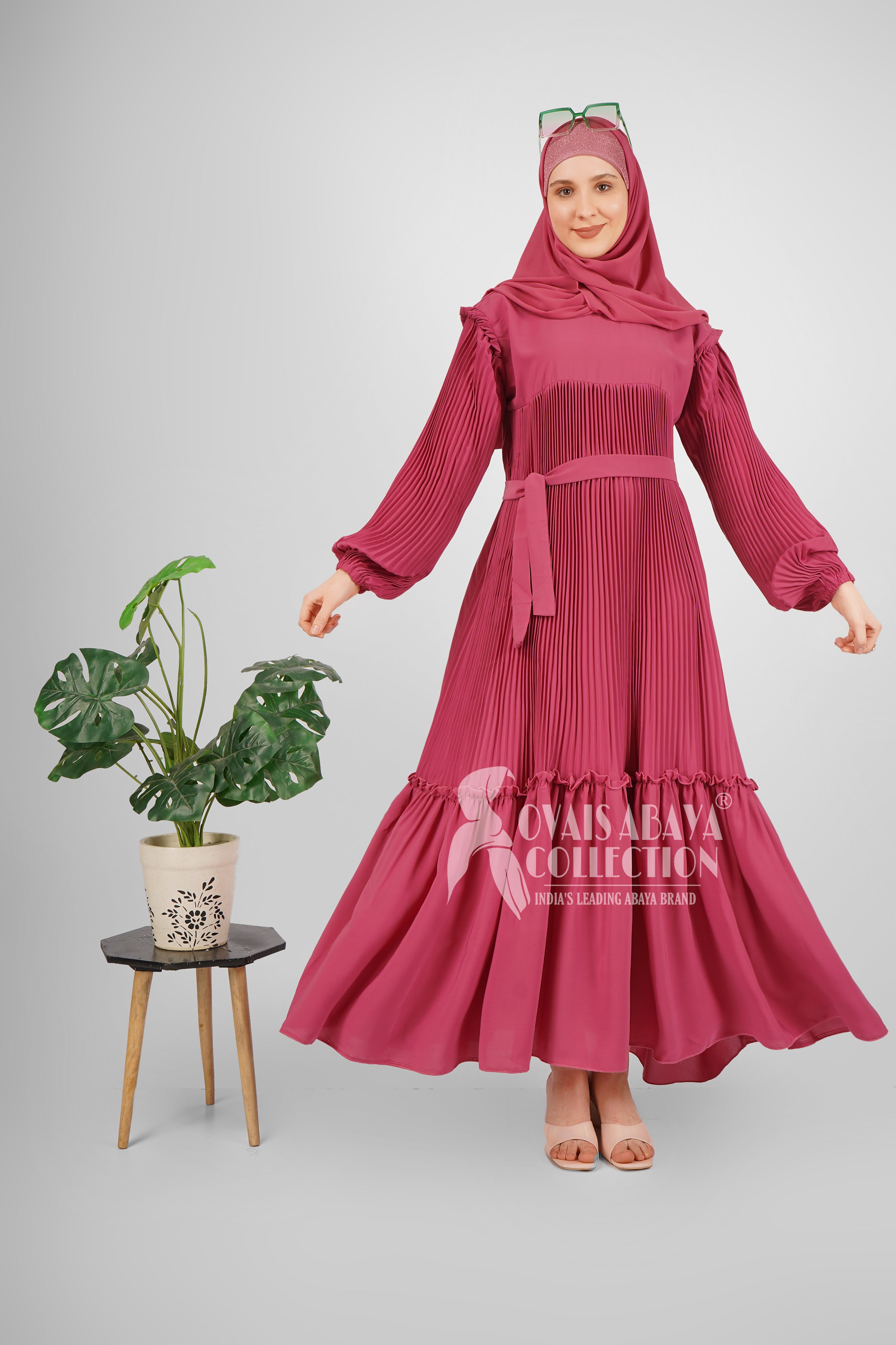 RIDA Beautiful Frill Plates work Abaya - MAUVE PINK ( HIGHLY CUSTOMER DEMAND )