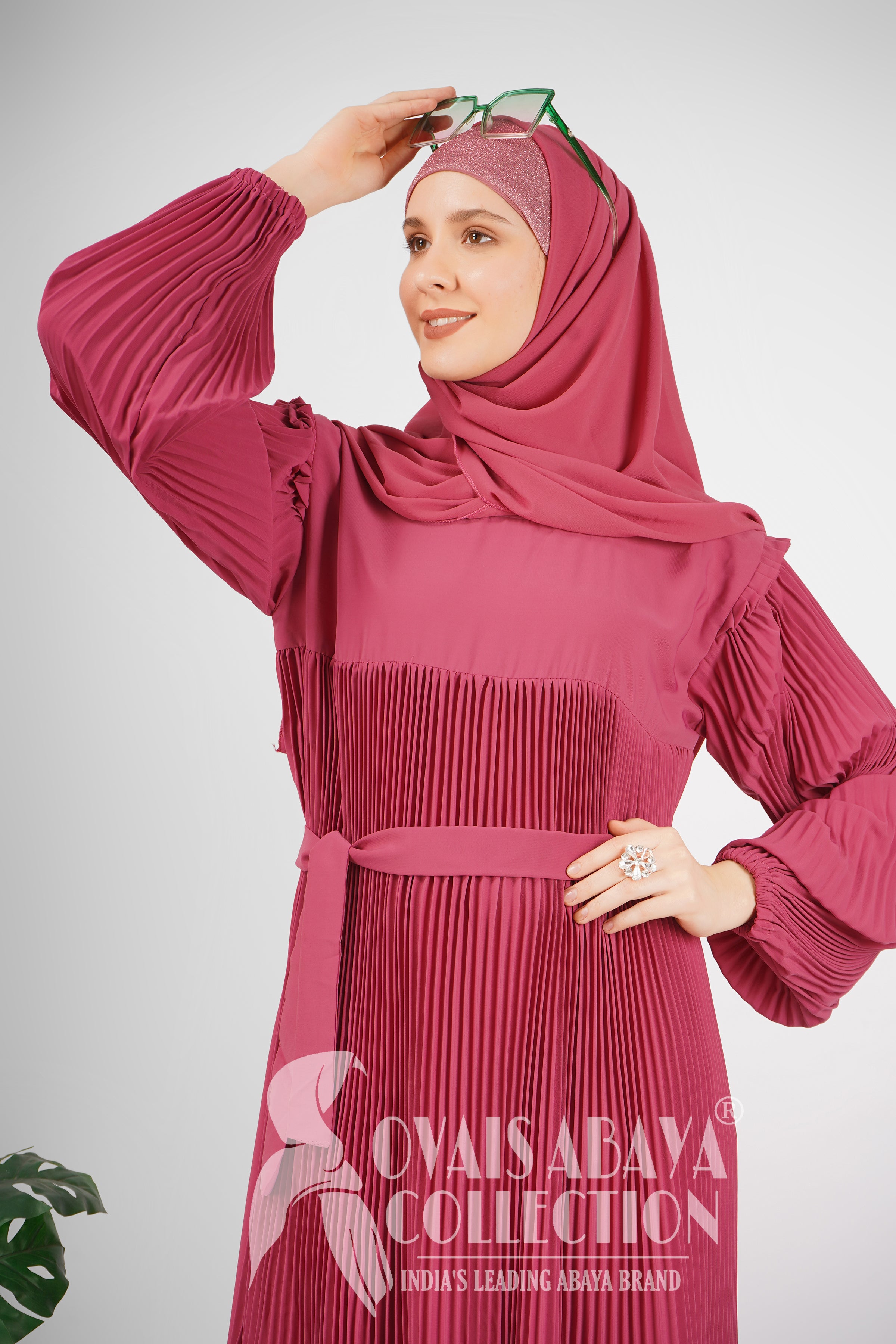 RIDA Beautiful Frill Plates work Abaya - MAUVE PINK ( HIGHLY CUSTOMER DEMAND )