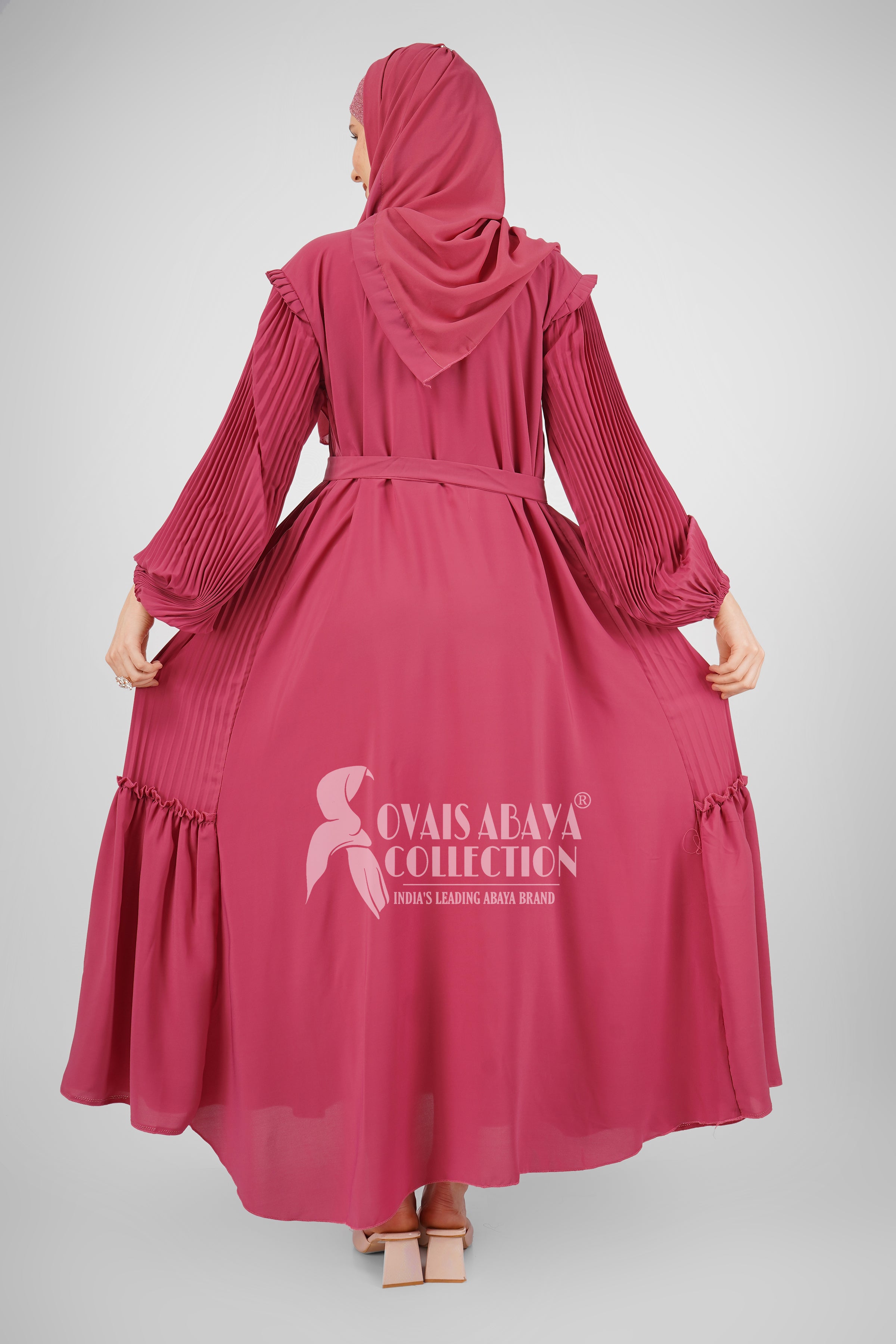 RIDA Beautiful Frill Plates work Abaya - MAUVE PINK ( HIGHLY CUSTOMER DEMAND )