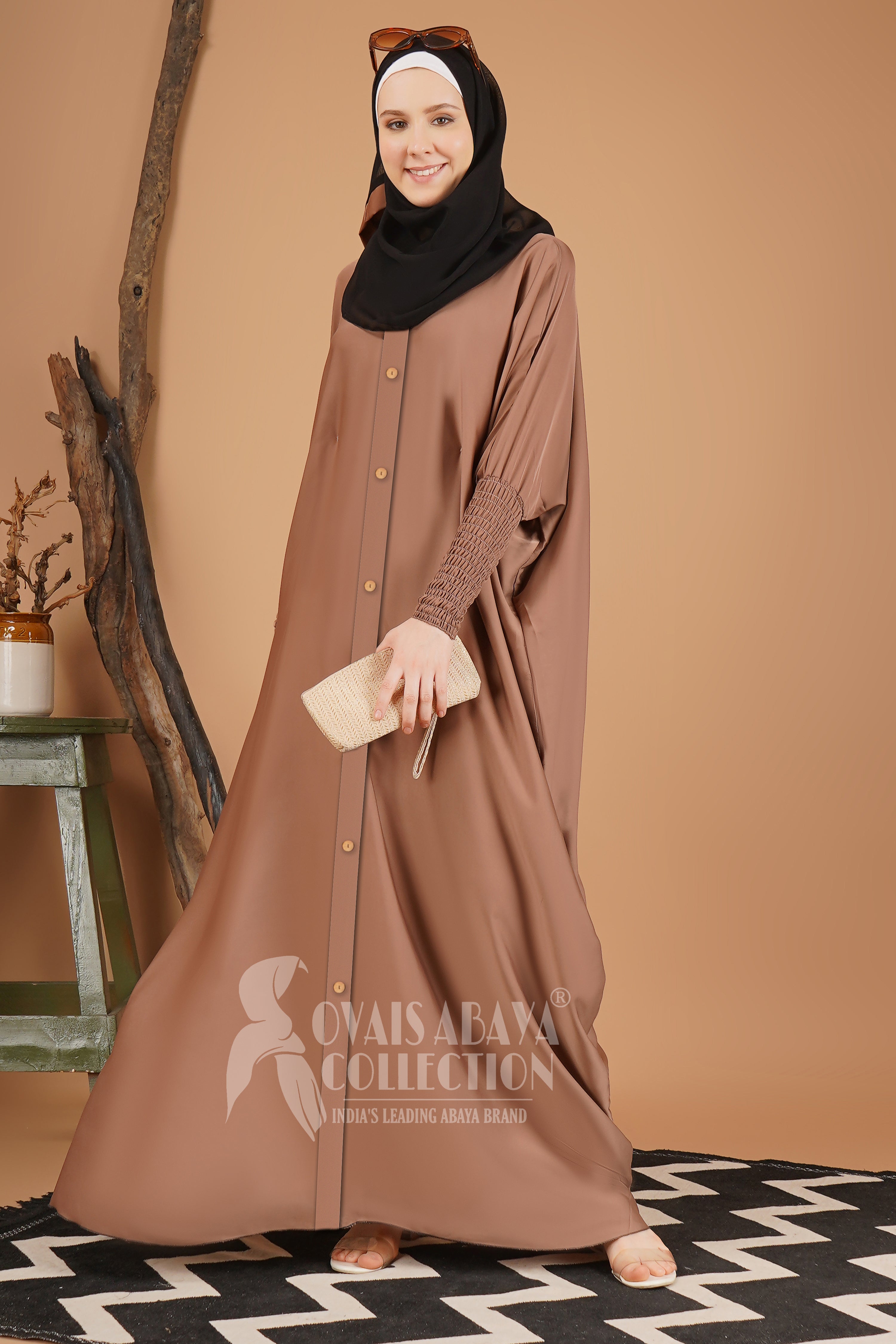 Shaziya puff Sleeves Button Kaftan Abaya - GHESTNUT LITE ( New Launch )