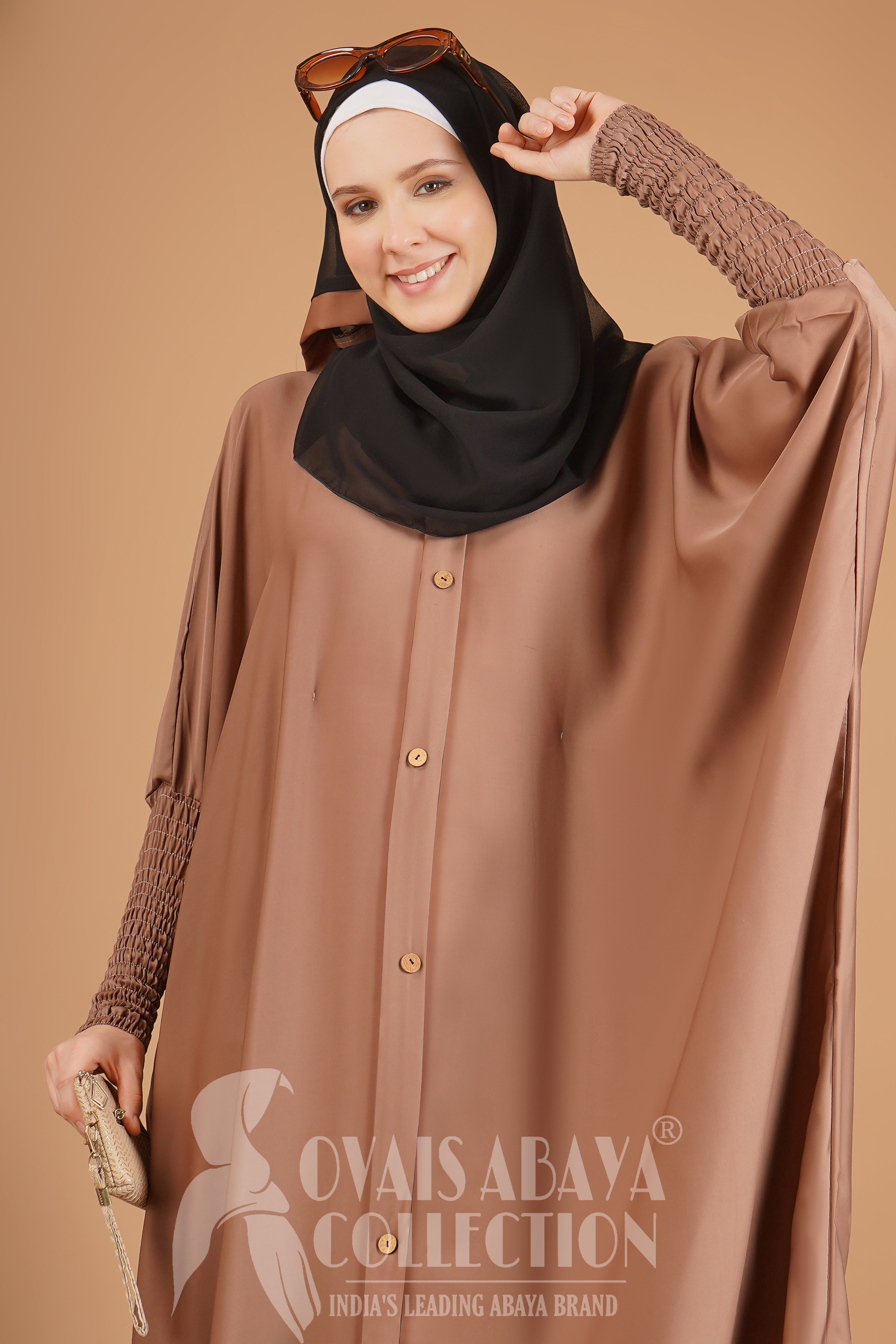 Shaziya puff Sleeves Button Kaftan Abaya - GHESTNUT LITE ( New Launch )