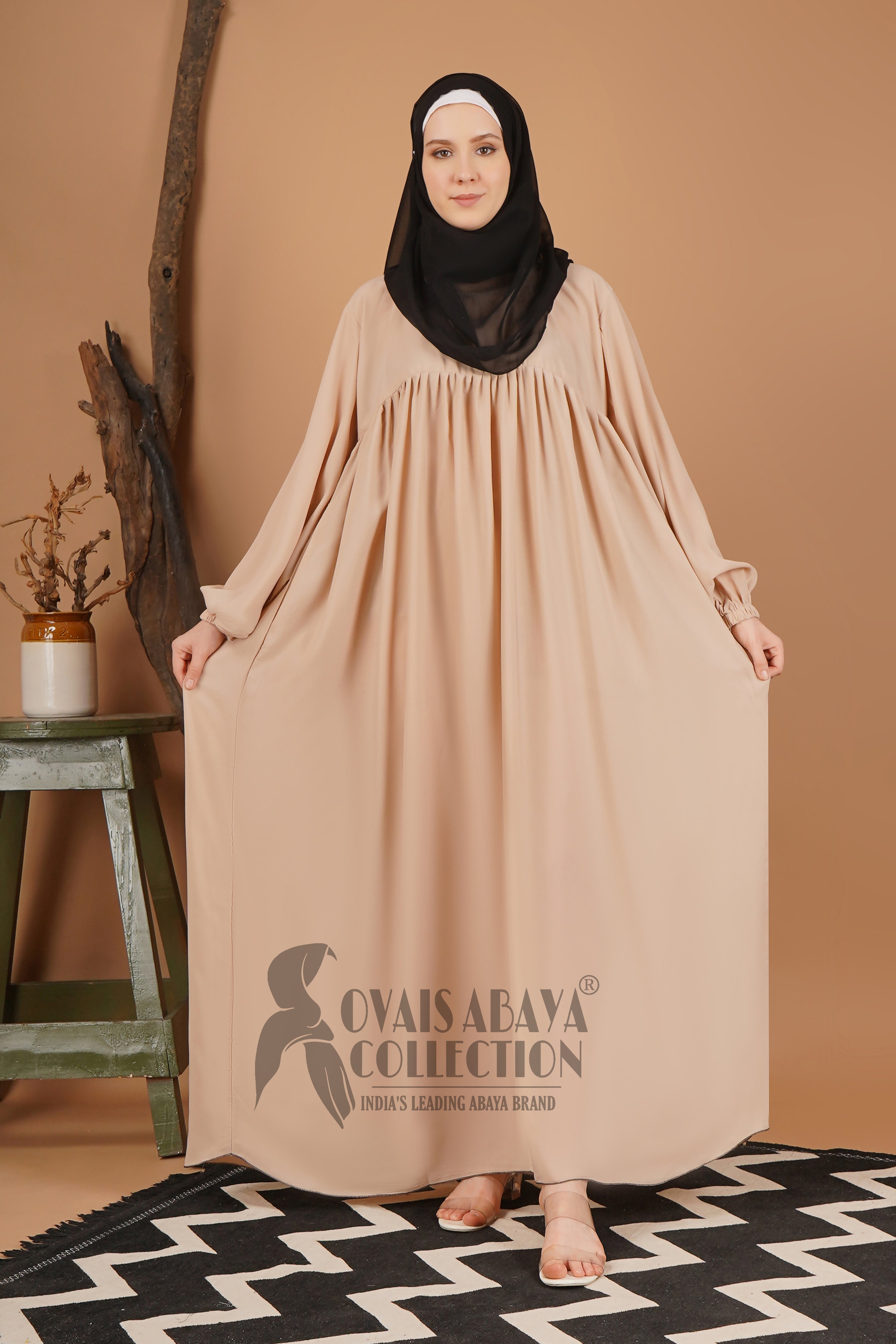 Maryam Pleated Balloon Sleeve Abaya LITE NUDE ( New Launch )