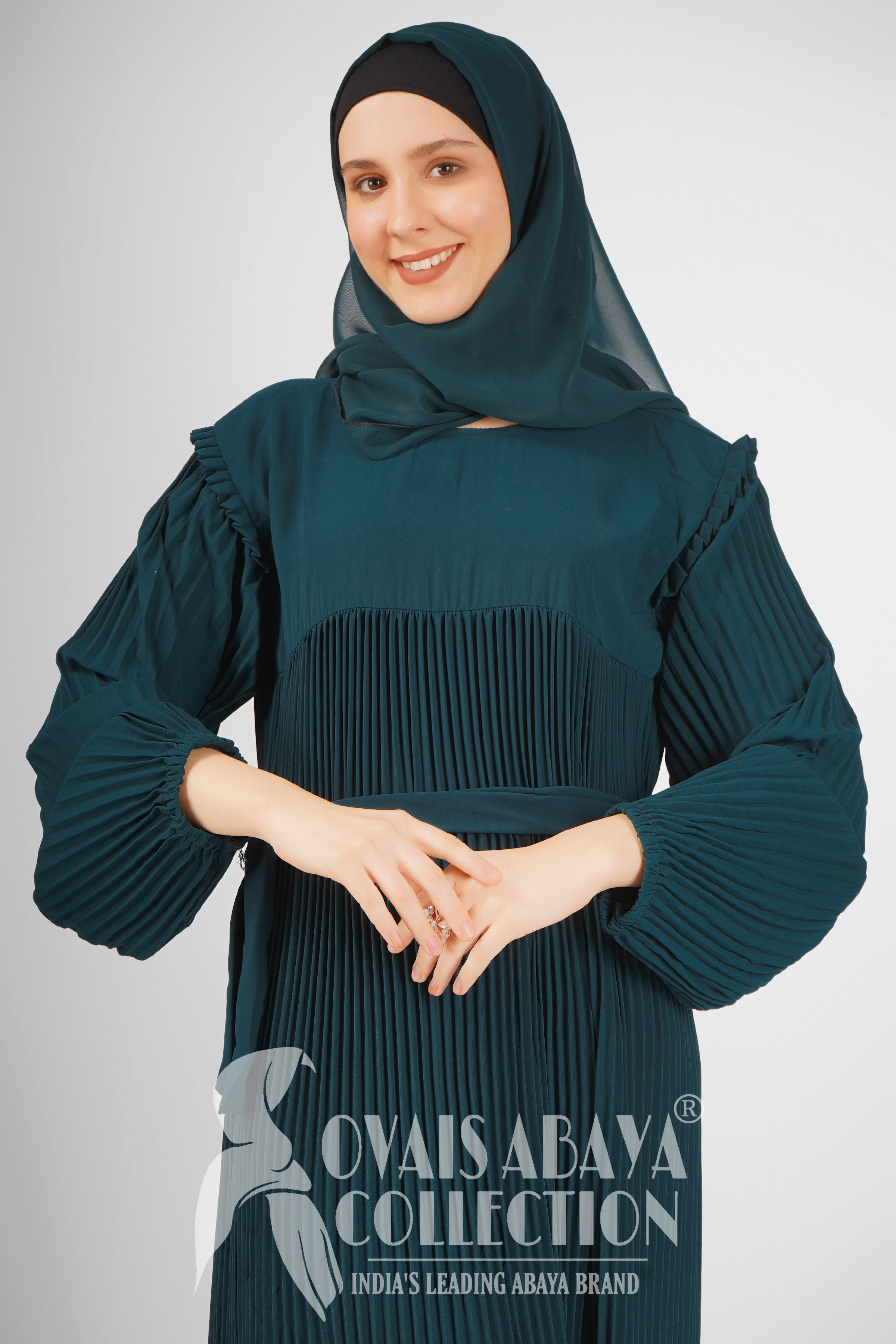 RIDA Beautiful Frill Plates work Abaya  - TEAL ( HIGHLY CUSTOMER DEMAND )