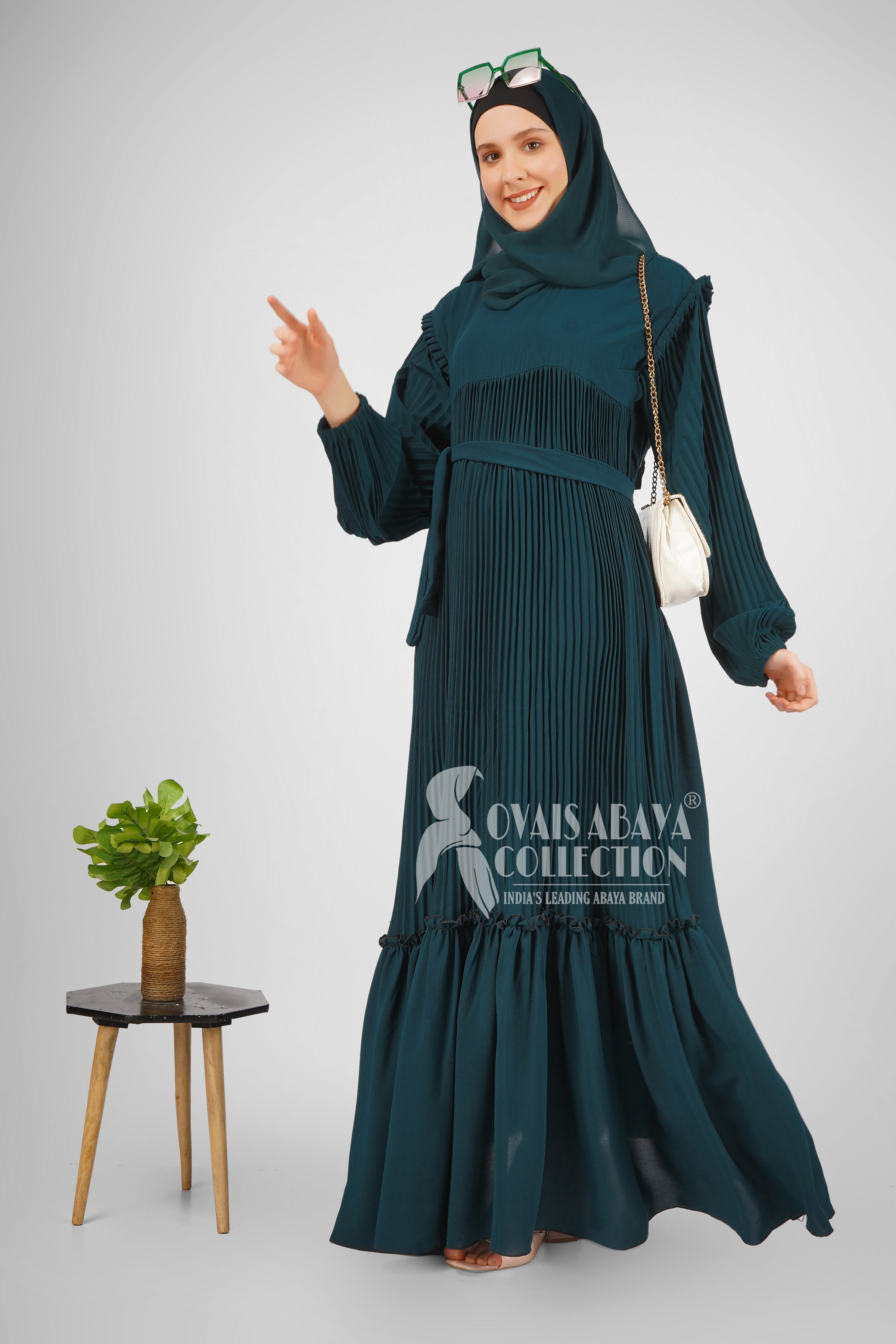 RIDA Beautiful Frill Plates work Abaya  - TEAL ( HIGHLY CUSTOMER DEMAND )